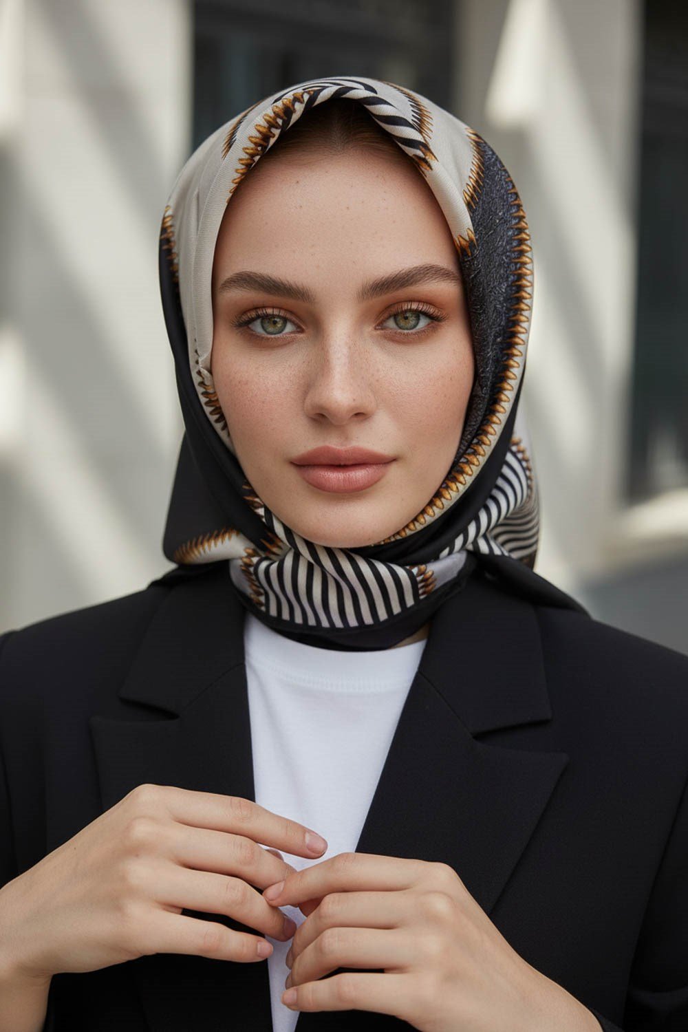 %100 Twill İpek Geometrik Desenli Gümüş - Siyah Renkli 90x90 Eşarp Dikim Şekli : El Dikişi