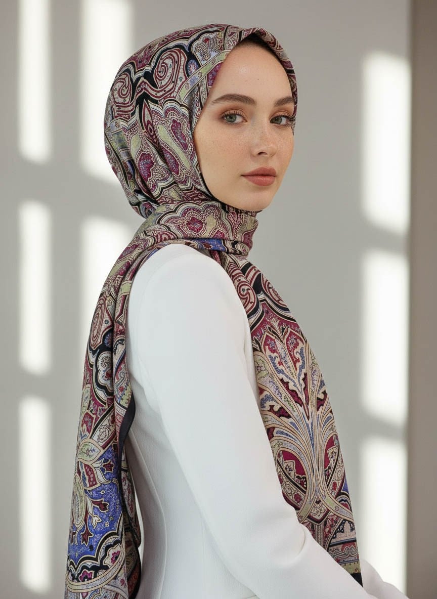 %100 Saf İpek Şal İnce Saten Vual Dokuma Etnik Desenli Siyah Renkli 90x210 Şal