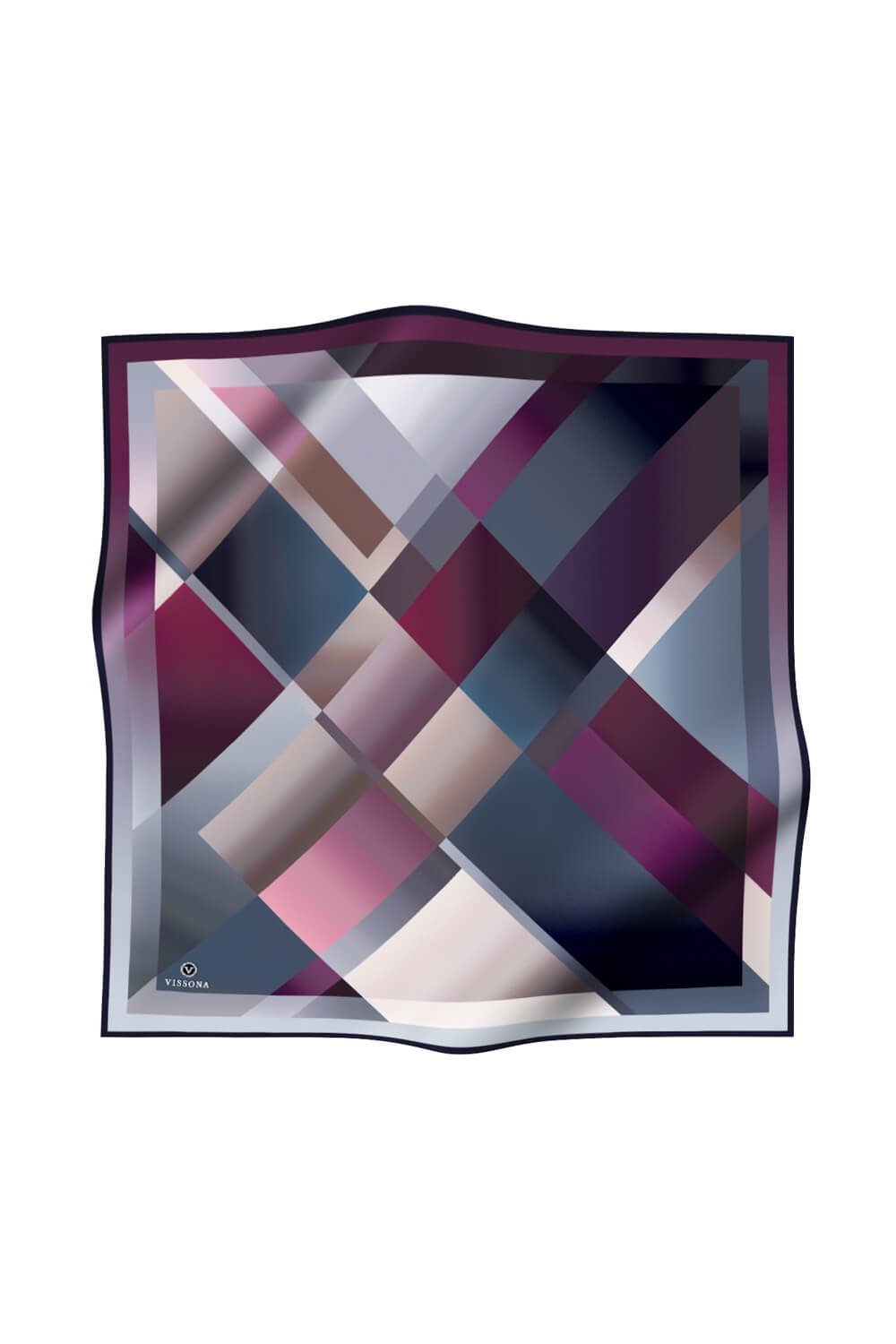 % 57 İPEK % 43 VİSKON Twill İpek Geometrik Desenli Mürdüm - İndigo Renkli 90x90 Eşarp Dikim Şekli : El Dikişi