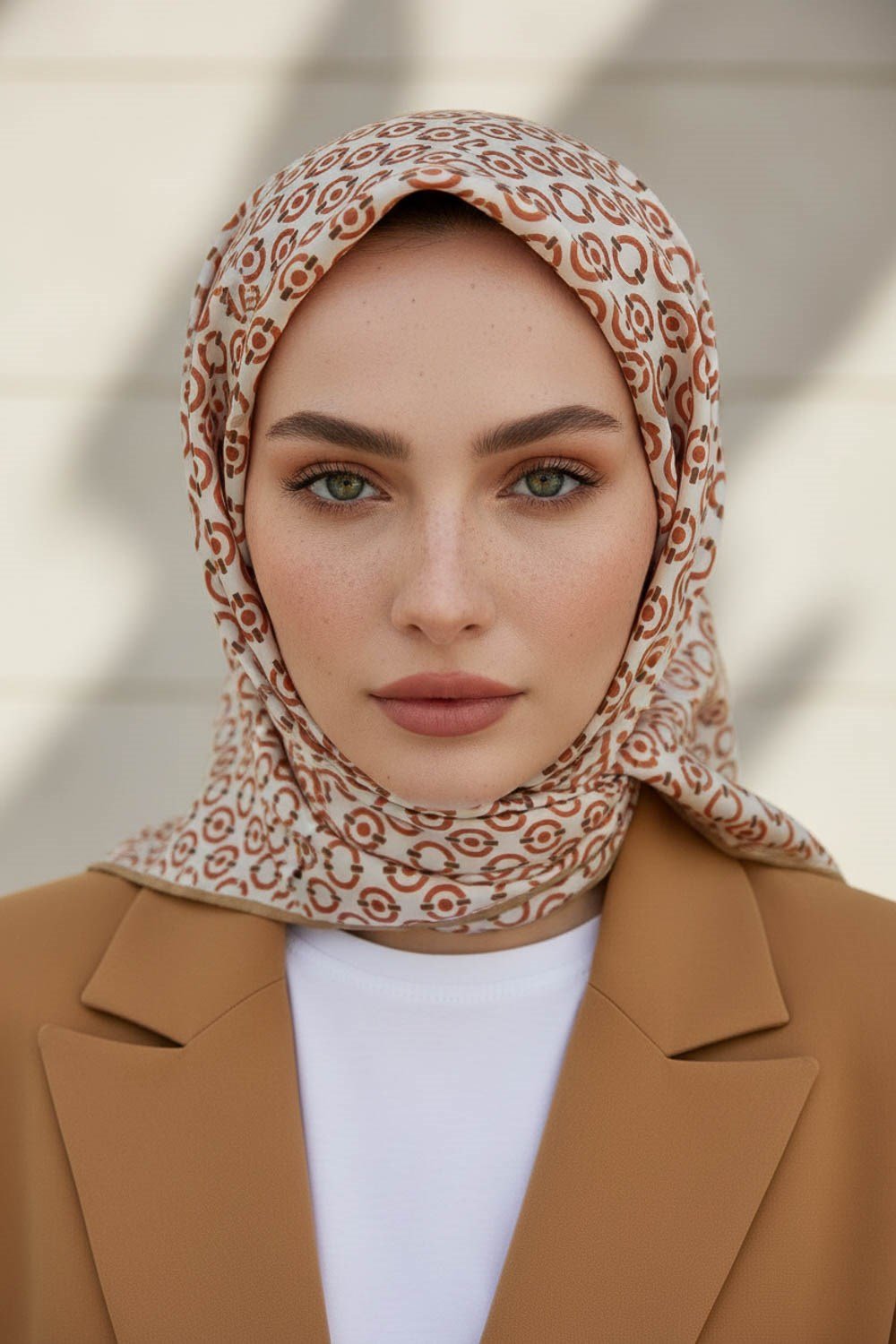 %100 Twill İpek Zincir Desenli Krem - Bakır Renkli 90x90 Eşarp Kenar Dikiş Şekli El Dikişli