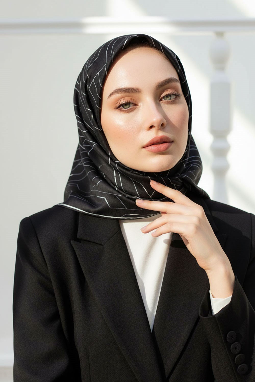 %100 Twill İpek Geometrik Desenli Siyah - Gri Renkli 90x90 Eşarp Dikim Şekli : El Dikişi