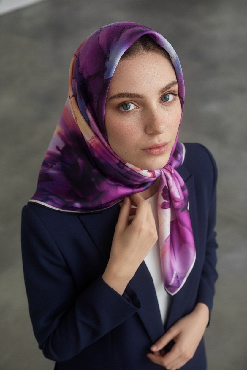 %100 Twill İpek Batik Çiçek Desenli Mürdüm - İndigol Renkli 90x90 Eşarp Kenar Dikiş Şekli El Dikişli