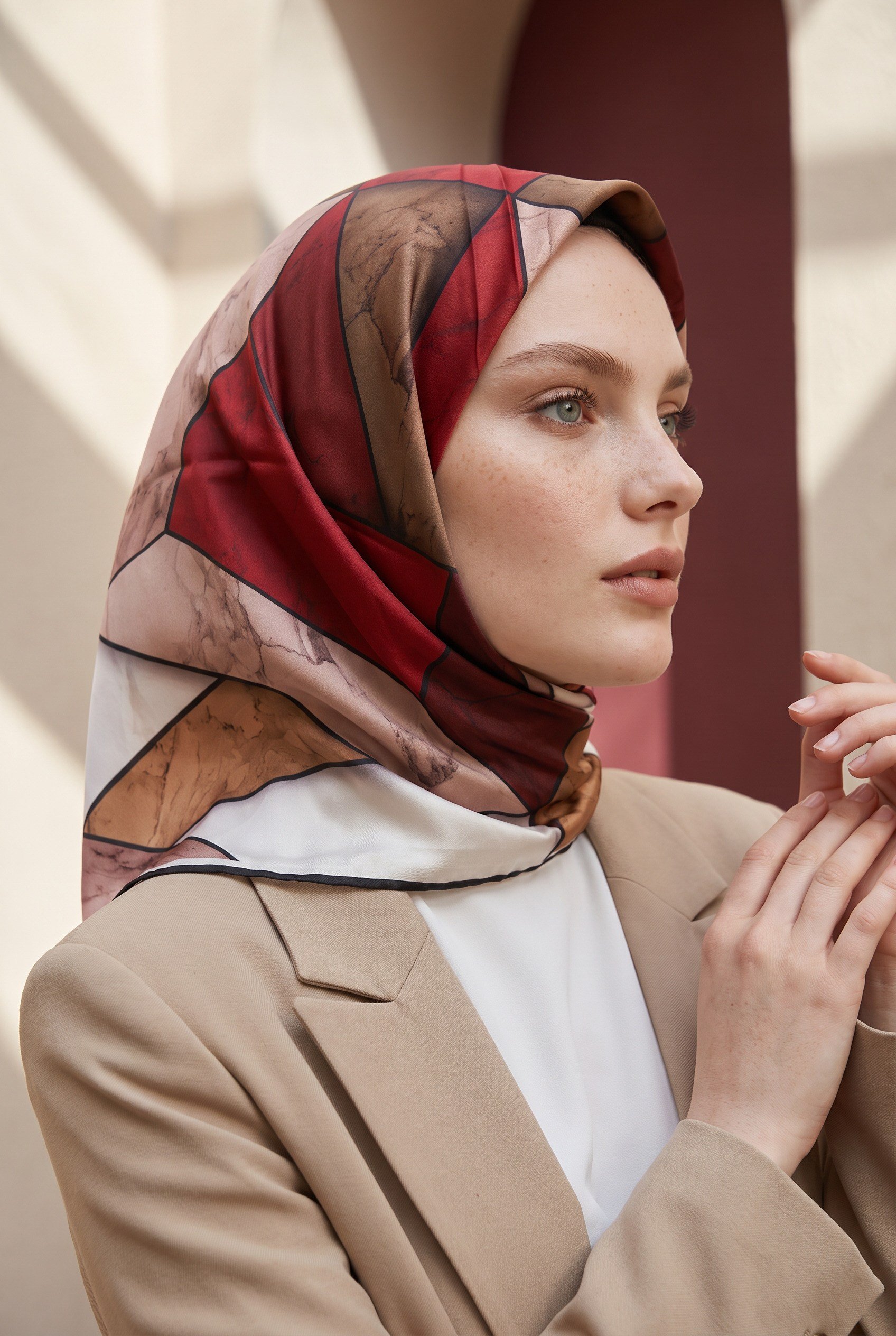 Rayon Mermer Desenli Bordo - Bej Renkli 90x90 Eşarp (İpek İçermez) Kenar Dikiş Şekli El Dikişli