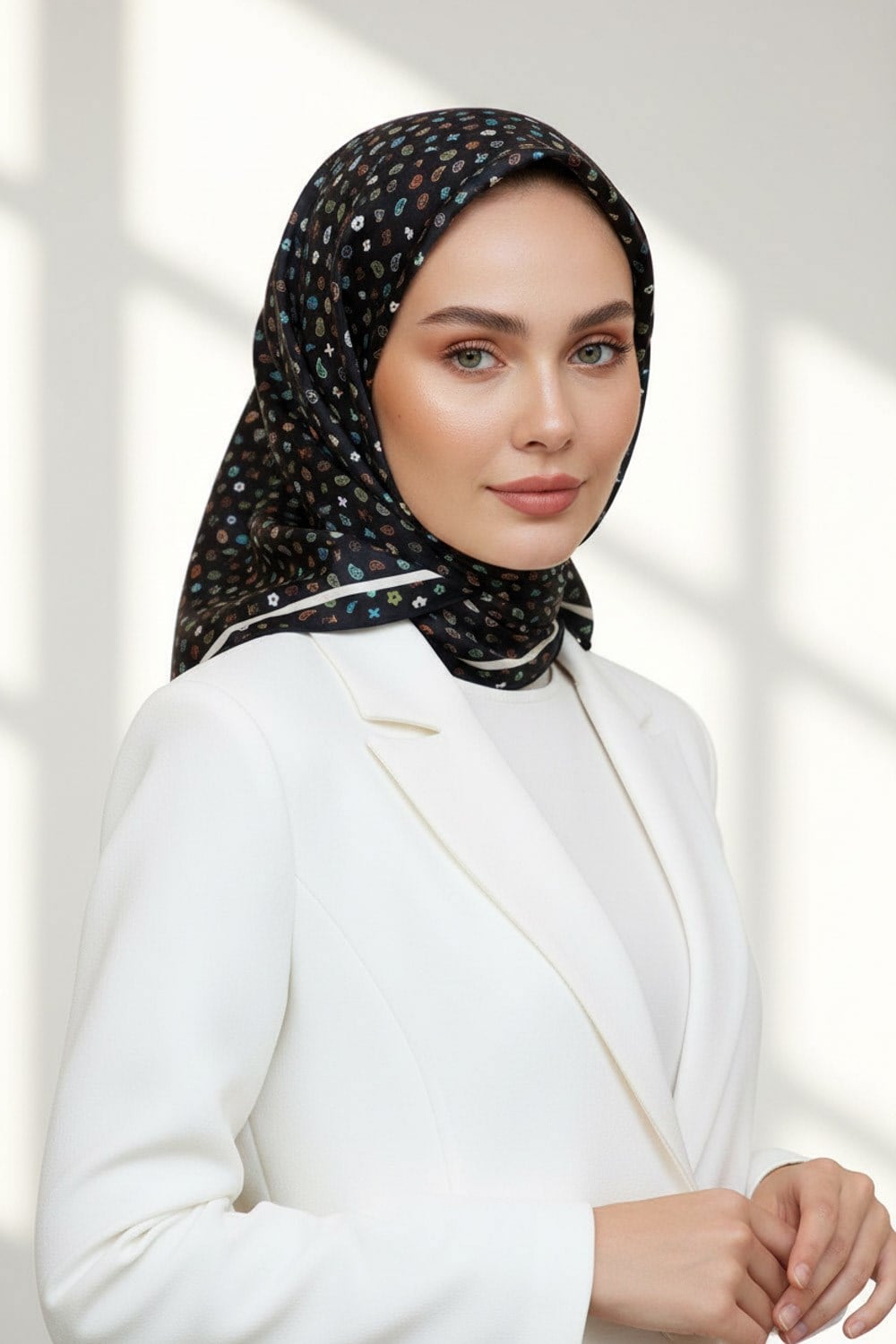 %100 Twill İpek Çıtır Desenli Siyah Renkli 90x90 Eşarp Dikim Şekli : El Dikişi
