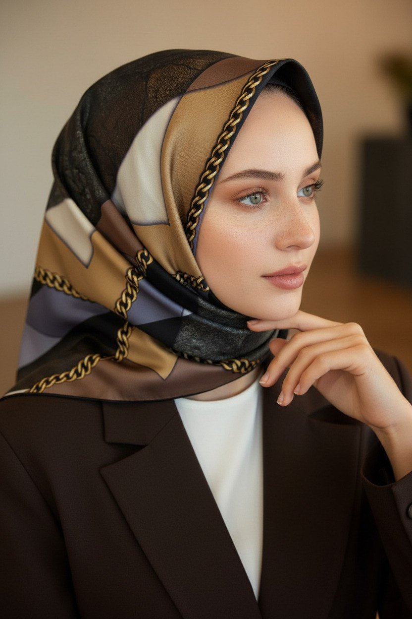 %100 Twill İpek Taş Efekti Desenli Gri - Siyah Renkli 90x90 Eşarp Dikim Şekli : El Dikişi