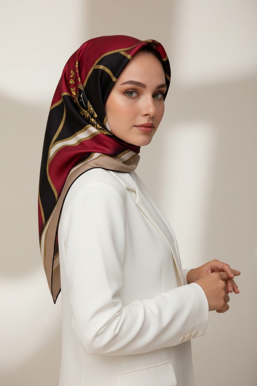 %100 Twill İpek Baroklu Ve Geometrik Desenli Bordo - Bej Renkli 90x90 Eşarp Dikim Şekli : El Dikişi