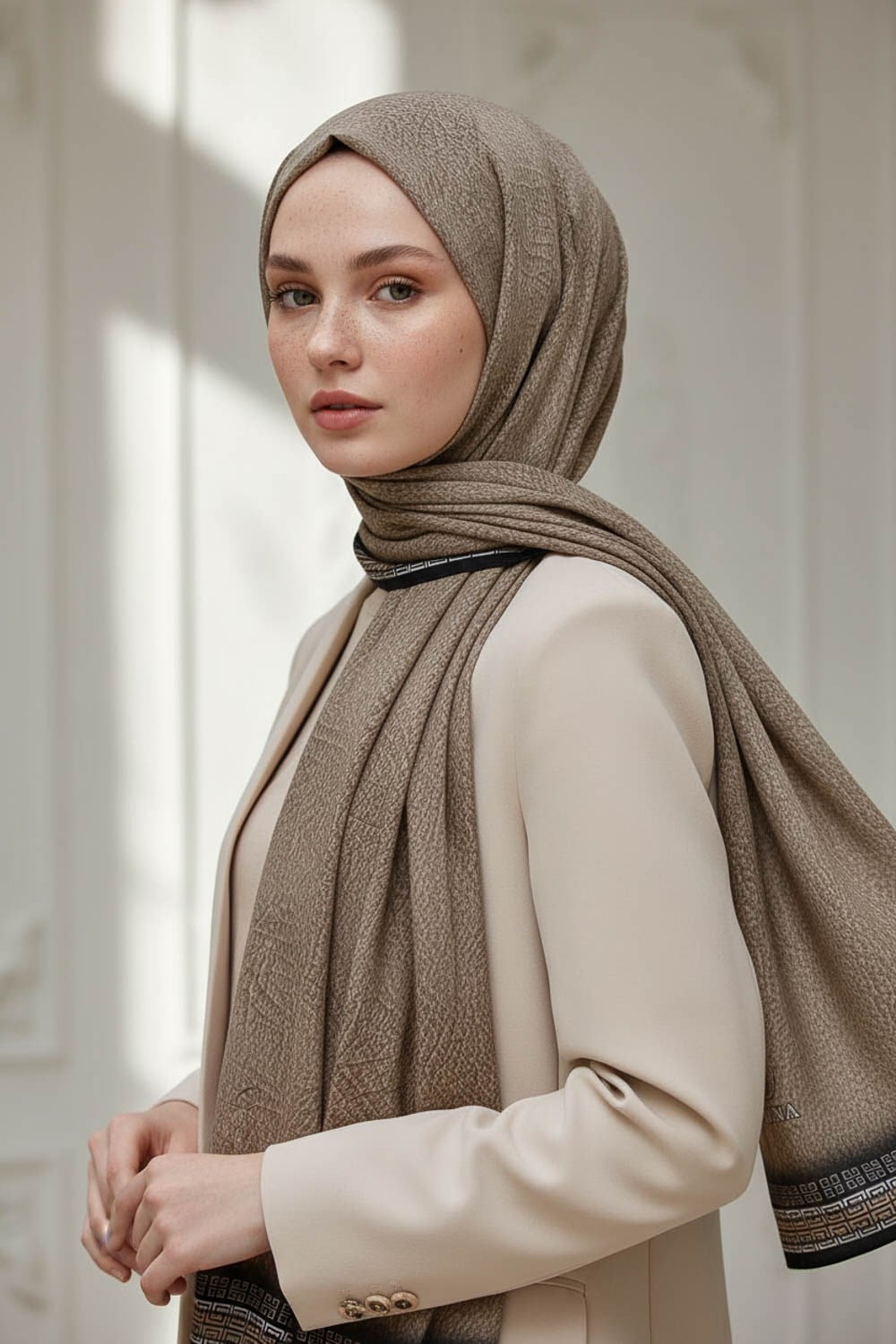 KREP DESENLİ BEJ RENKLİ 75X195 KIRIŞMAZ ŞAL