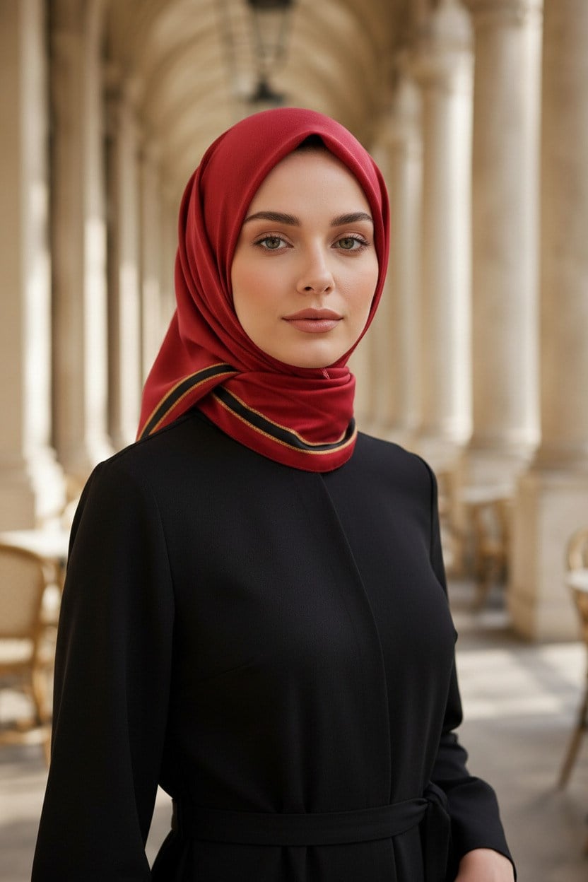 %100 Twill İpek Dokulu Şerit Desenli Siyah - Kırmızı Renkli 90x90 Eşarp Dikim Şekli : El Dikişi