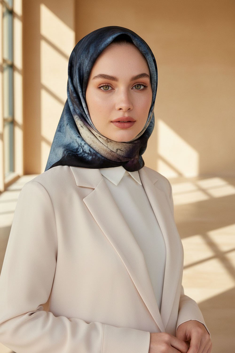 %100 Twill İpek Dokulu Ve Geometrik Desenli Mint Yeşili - Lila Renkli 90x90 Eşarp Dikim Şekli : El Dikişi