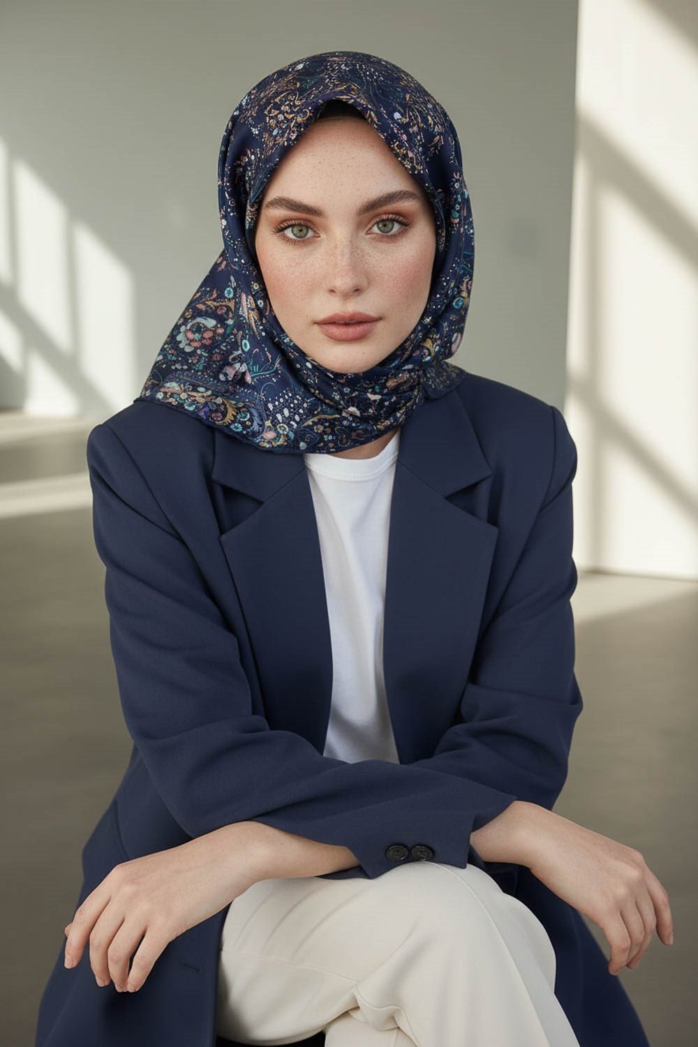 %100 Twill İpek Şal Desenli Lacivert - İndigo Renkli 90x90 Eşarp Dikim Şekli : El Dikişi