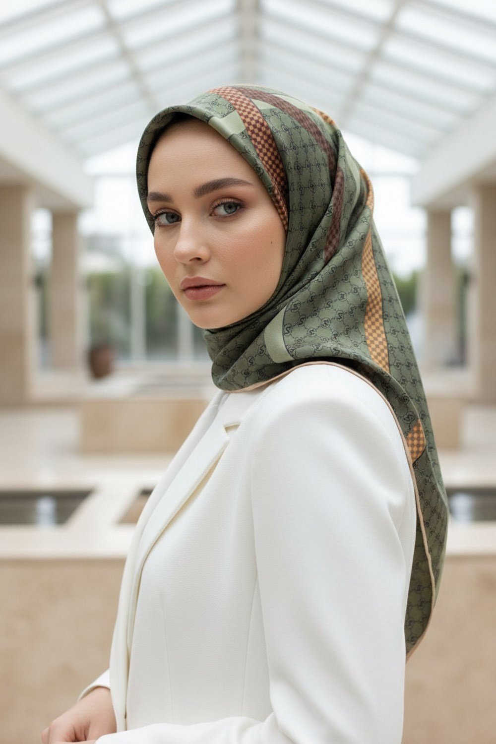 %57 İPEK %43 VİSKON Twill İpek Monogram Ve Şerit Desenli Haki - Taba  Renkli 90x90 Eşarp Dikim Şekli : El Dikişi