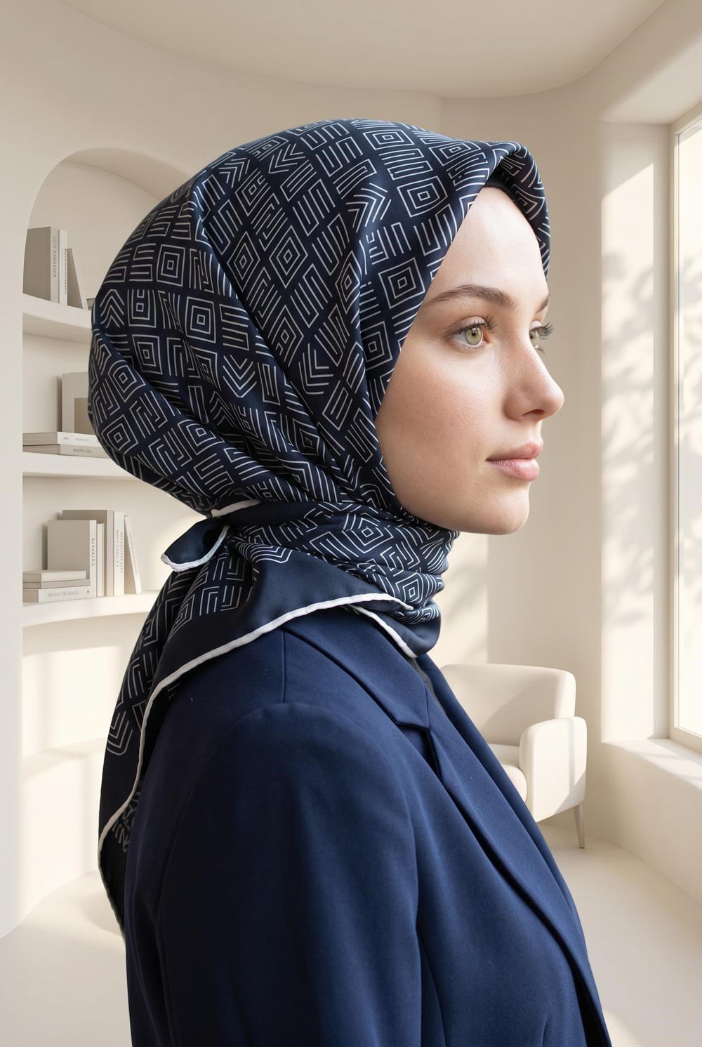 %57 İPEK %43 VİSKON Twill İpek Etnik Motif Desenli Lacivert - Krem Renkli 90x90 Eşarp Dikim Şekli : El Dikişi