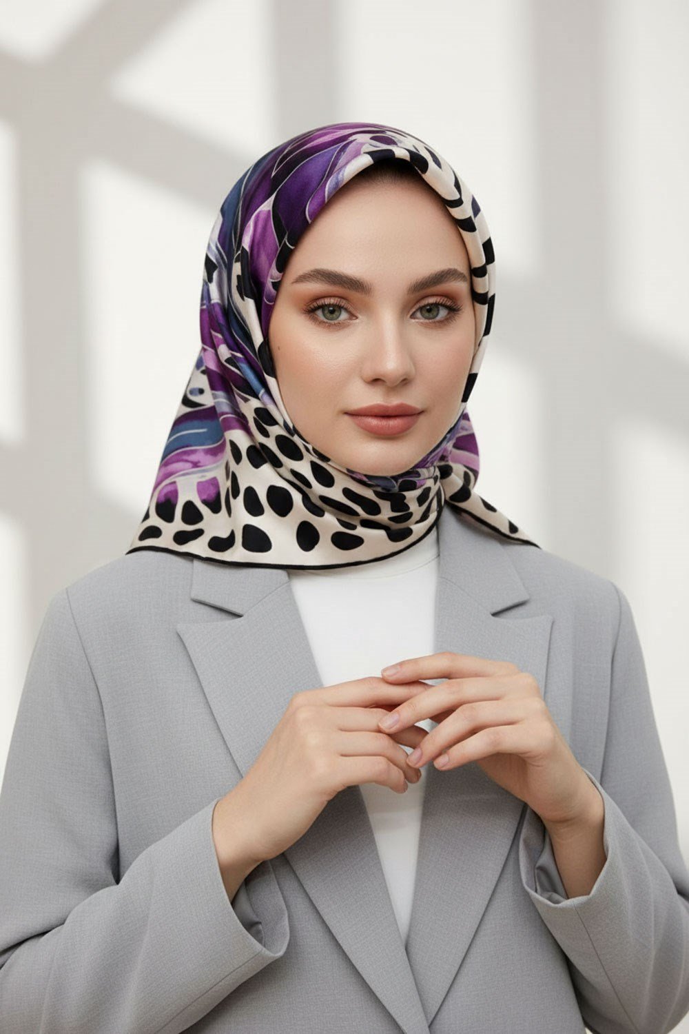 %100 Twill İpek Amazon Desenli Lila - İndigo Renkli 90x90 Eşarp Kenar Dikiş Şekli El Dikişli