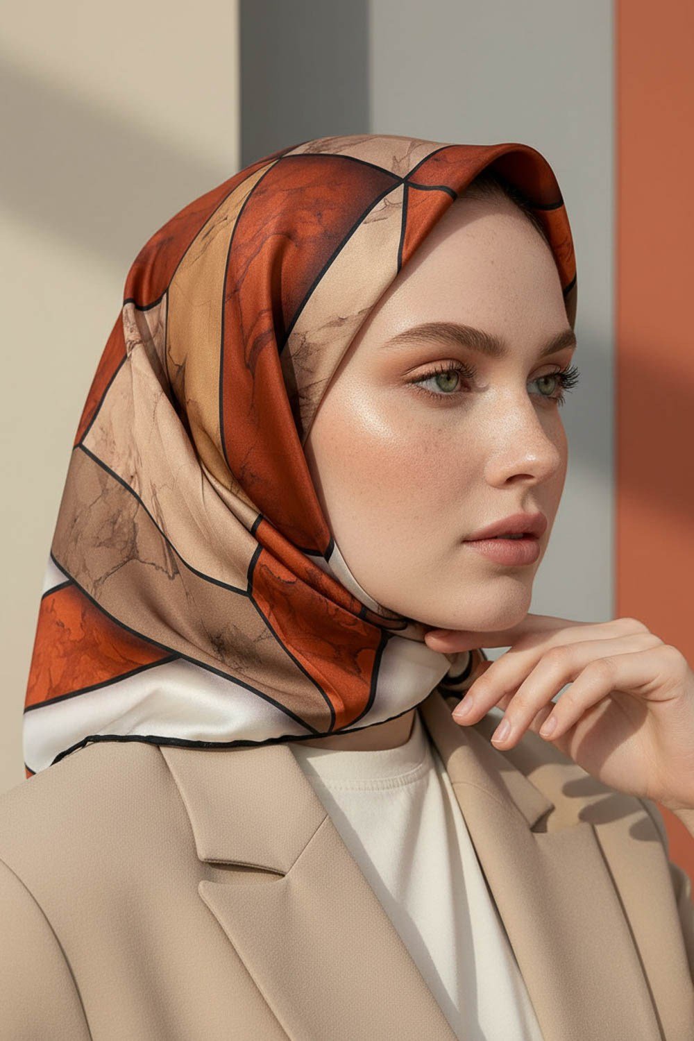 Rayon Mermer Desenli Taba - Bej Renkli 90x90 Eşarp (İpek İçermez) Kenar Dikiş Şekli El Dikişli