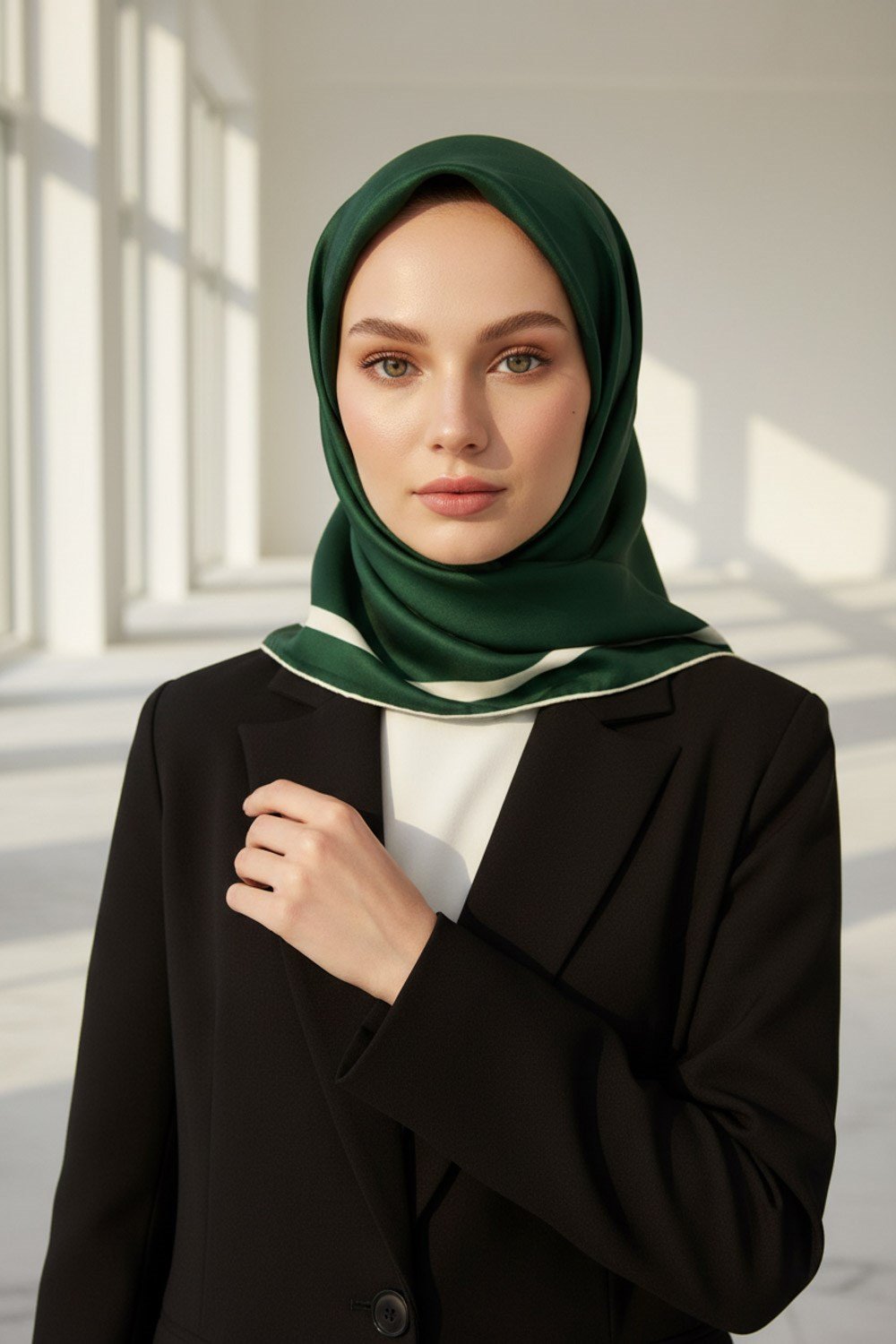 100% Twill İpek Düz Renk Bordür Zümrüt Yeşili - Krem Renkli Daha Tok Exclusive Serisi 90x90 Dikim Şekli : El Dikişi Eşarp