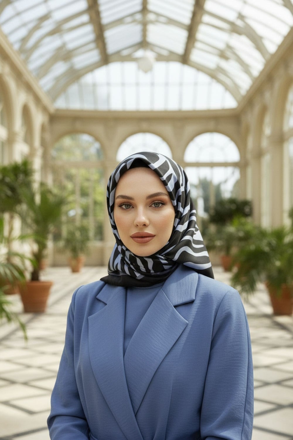 %100 Twill İpek Zebra Desenli İndigo - Siyah Renkli 90x90 Eşarp Dikim Şekli : El Dikişi