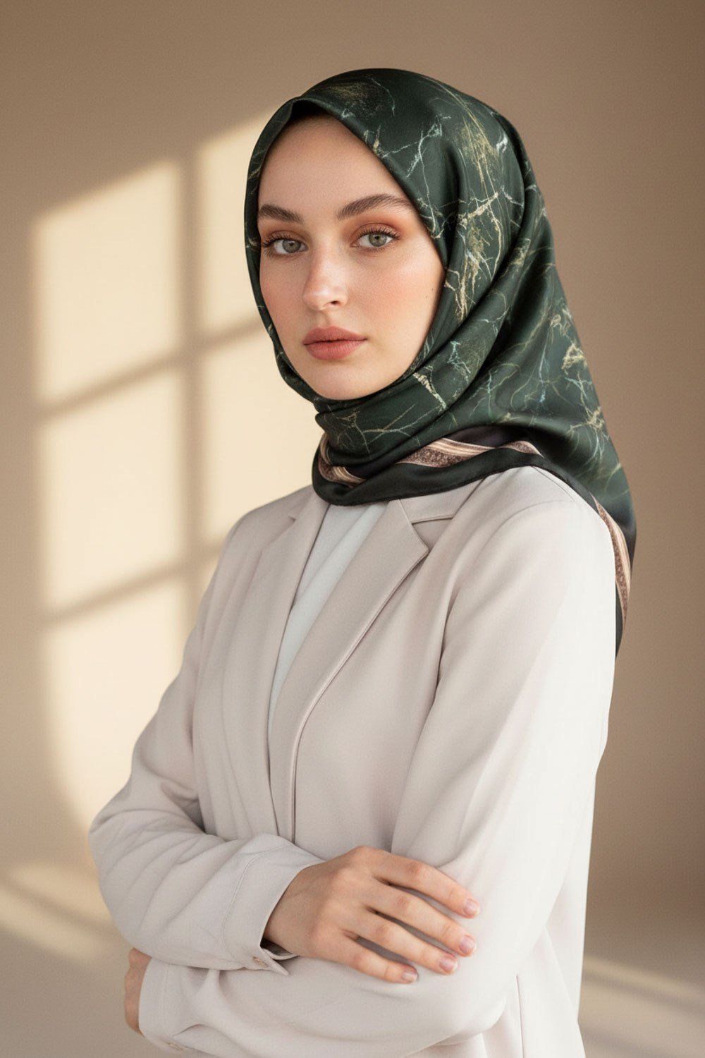 Kristal Zikzak Çizgi Desenli Petrol Yeşili Renkli 90x90 Eşarp (İpek İçermez) Dikim Şekli : El Dikişi