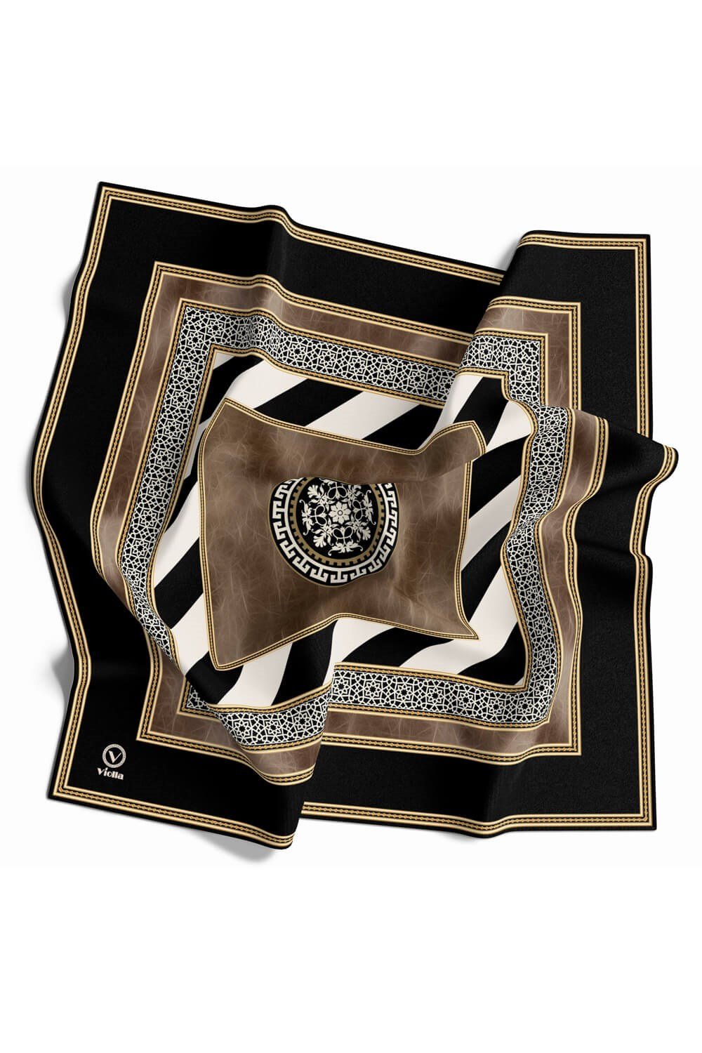 Twill Geometrik Desenli Siyah - Bej Renkli 90x90 Eşarp (İpek İçermez) Kenar Dikiş Şekli El Dikişli