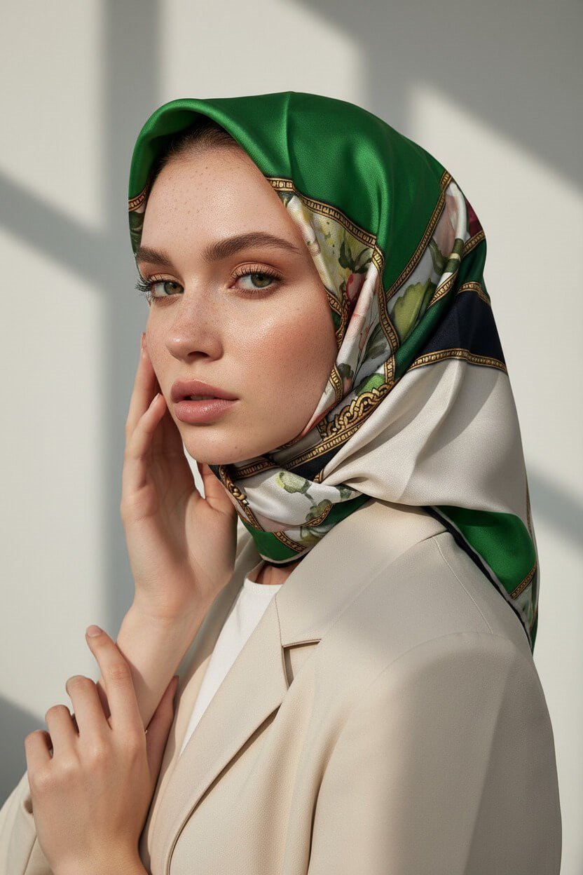 100% Twill İpek Şeritli Çiçek Desenli Zümrüt Yeşili - Krem Renkli 90x90 Dikim Şekli : El Dikişi Eşarp