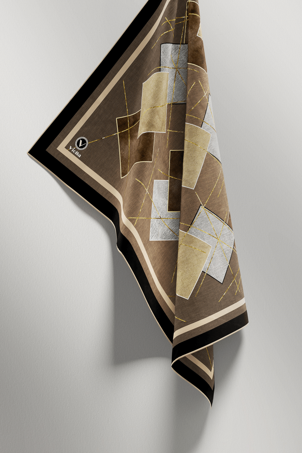 Twill Geometrik Desenli Vizon Renkli 90x90 Eşarp (İpek İçermez) Kenar Dikiş Şekli El Dikişli