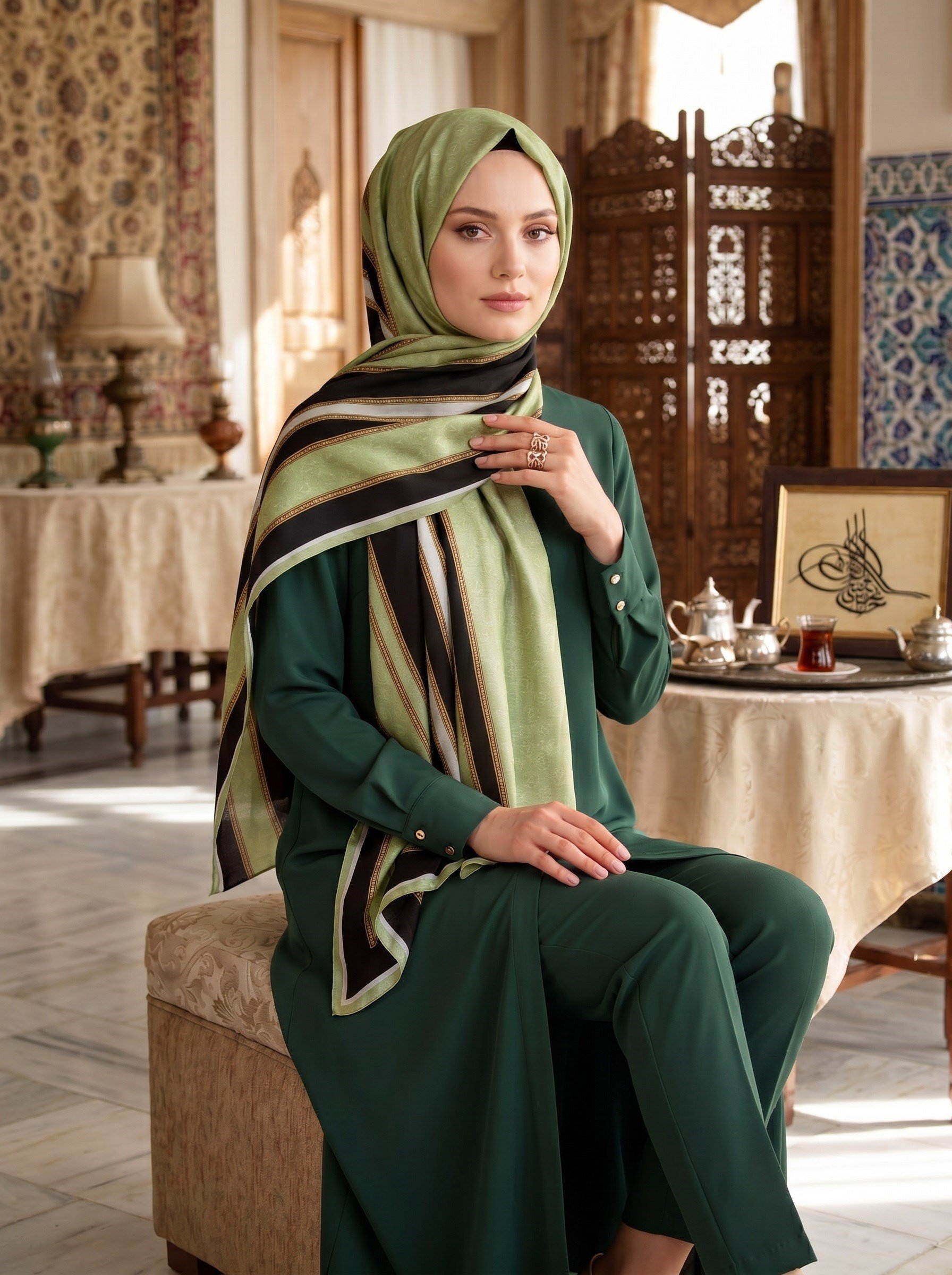 %100 Saf İpek Şal İnce Saten Vual Dokuma Monogram Ve Şerit Desenli 90x210 Şal