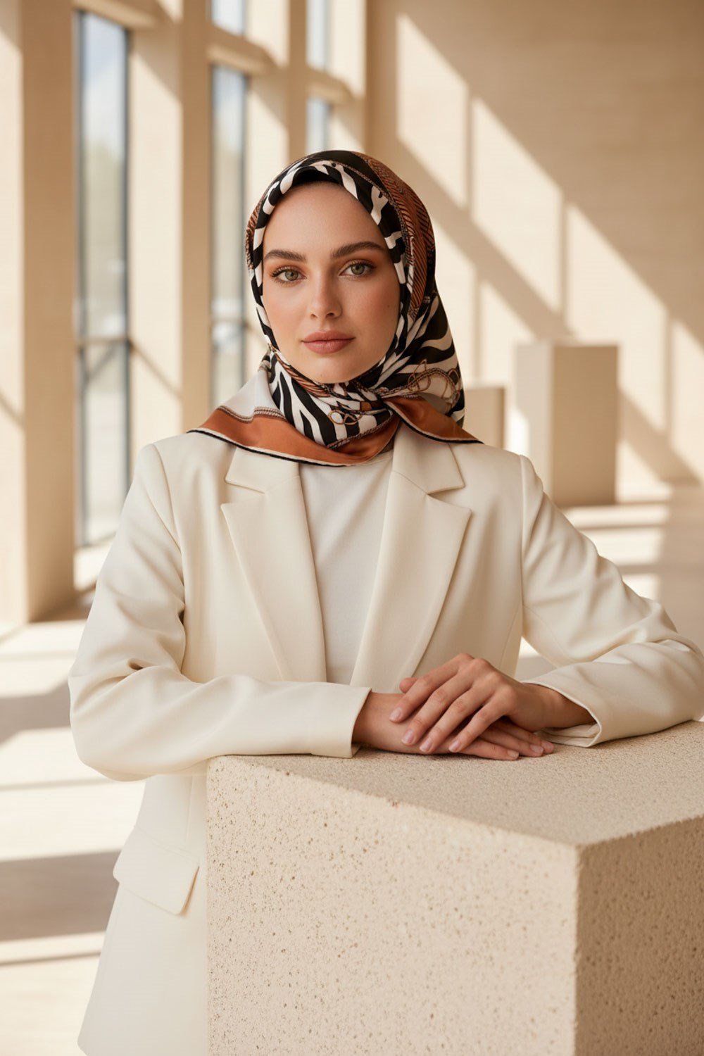%100 Twill İpek Zincirli Ve Zebra Desenli Bakır - Siyah Renkli 90x90 Eşarp Dikim Şekli : El Dikişi