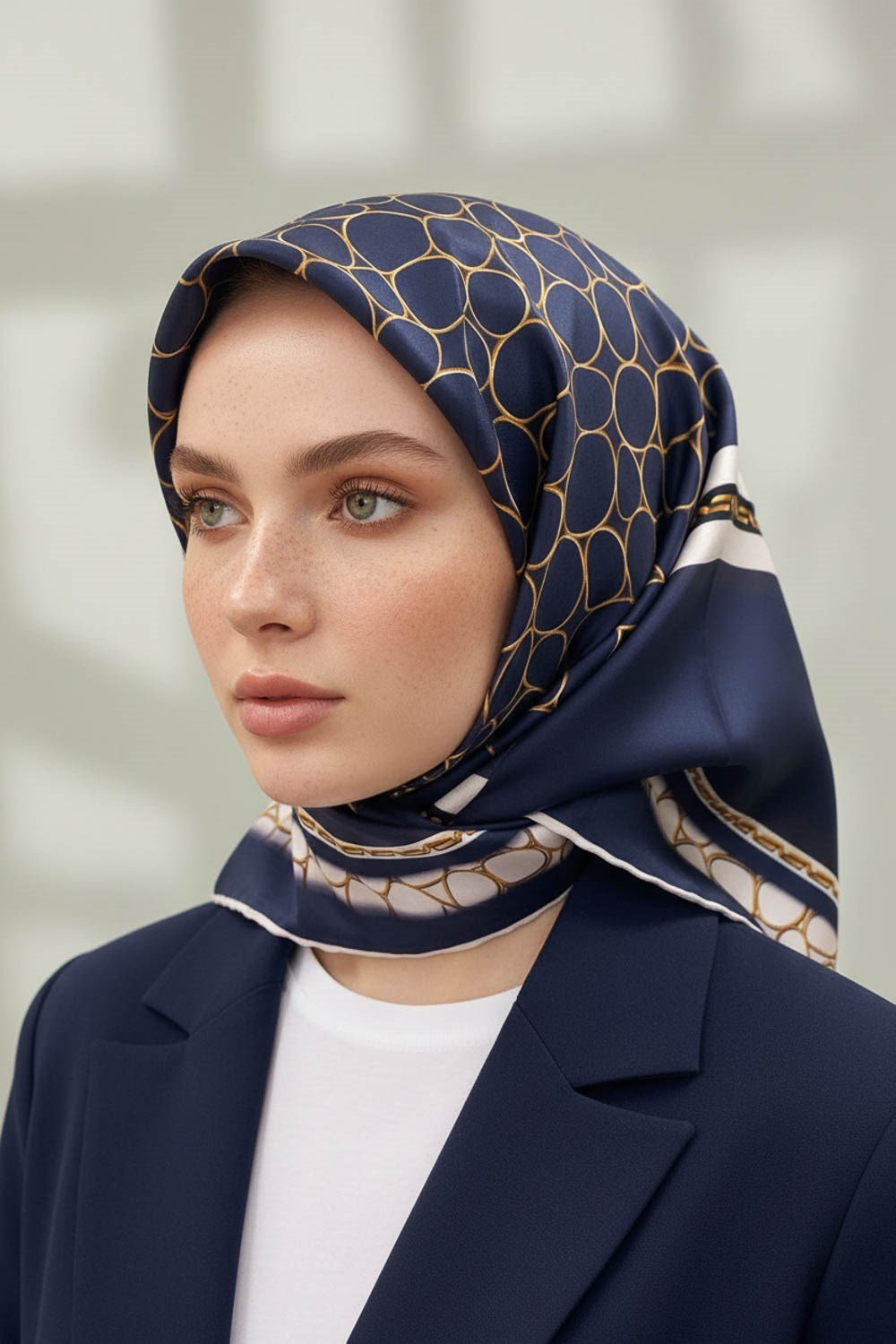 %100 Twill İpek Gold Halka Desenli Lacivert - Krem Renkli 90x90 Eşarp Dikim Şekli : El Dikişi