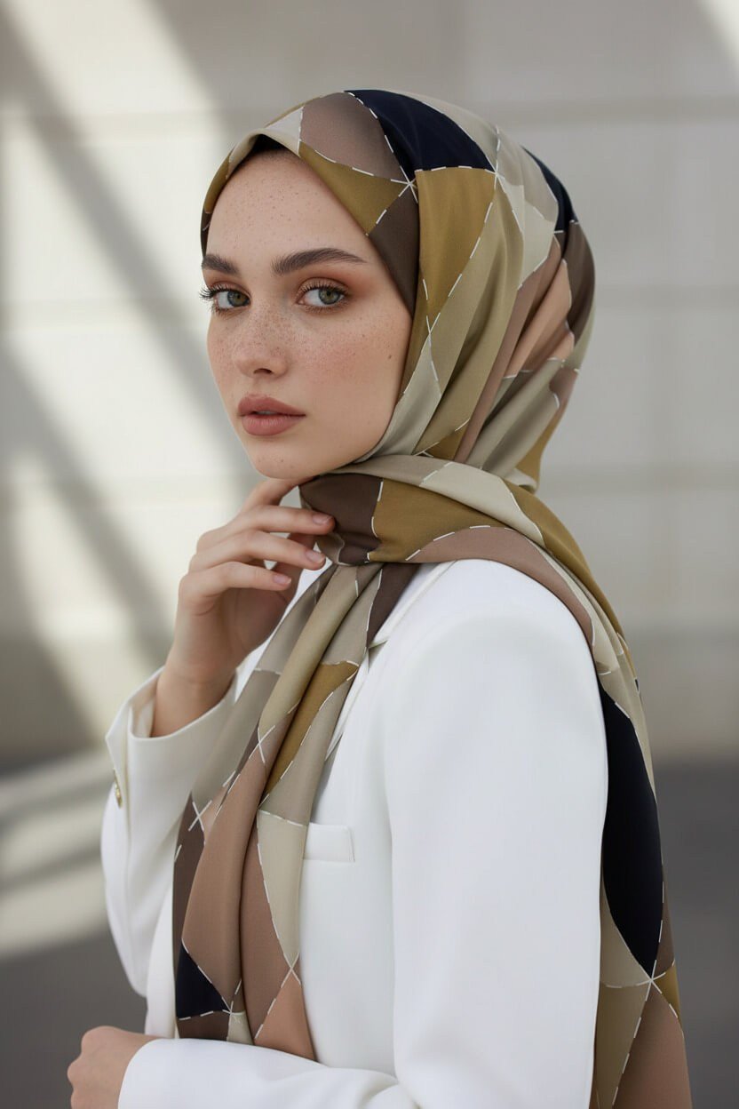 KREP ÜÇGEN YAMA DESENLİ BEJ RENKLİ 75X195 KIRIŞMAZ ŞAL