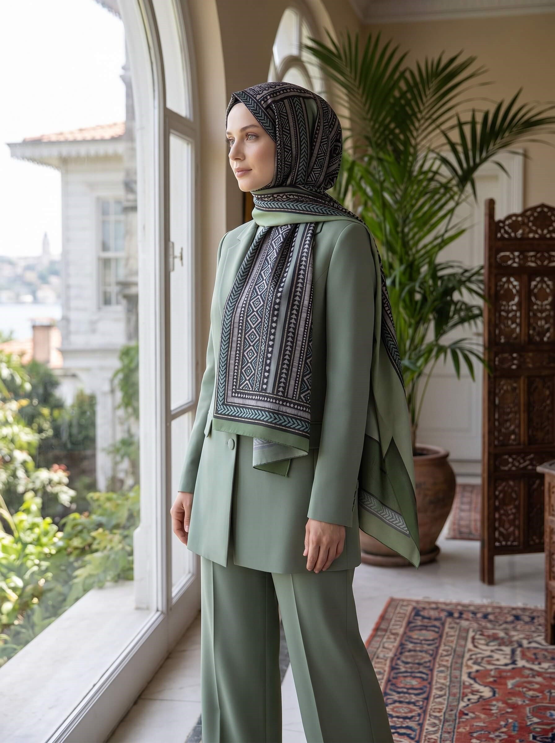 %100 Saf İpek Şal İnce Saten Vual Dokuma Etnik Desenli Haki Yeşili Renkli 90x210 Şal