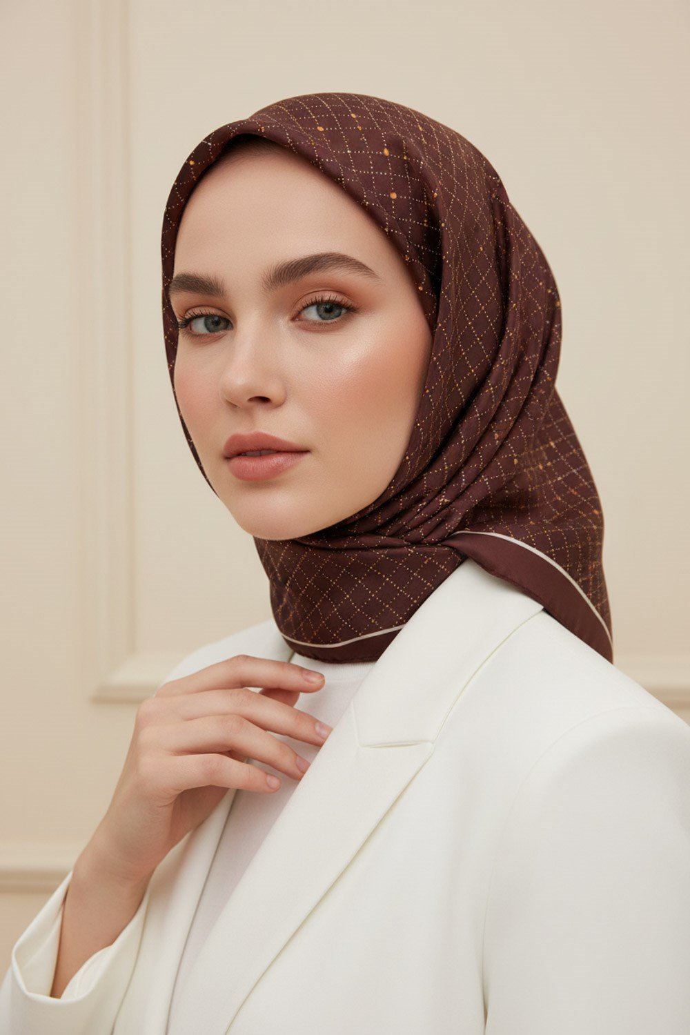 %100 Twill İpek Minik V Desenli Kahverengi Renkli 90x90 Eşarp Dikim Şekli : El Dikişi