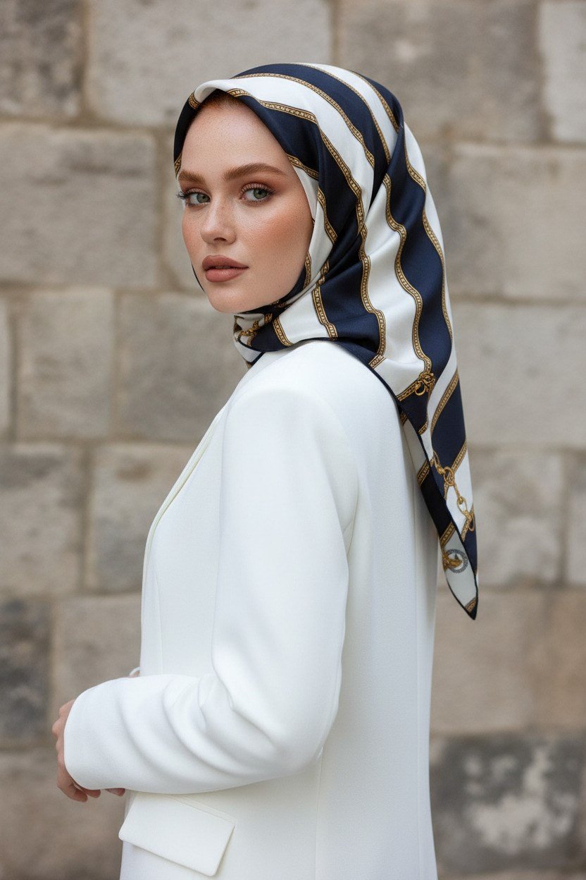 %100 Twill İpek Kemer Desenli Lacivert - Krem Renkli 90x90 Eşarp Dikim Şekli : El Dikişi