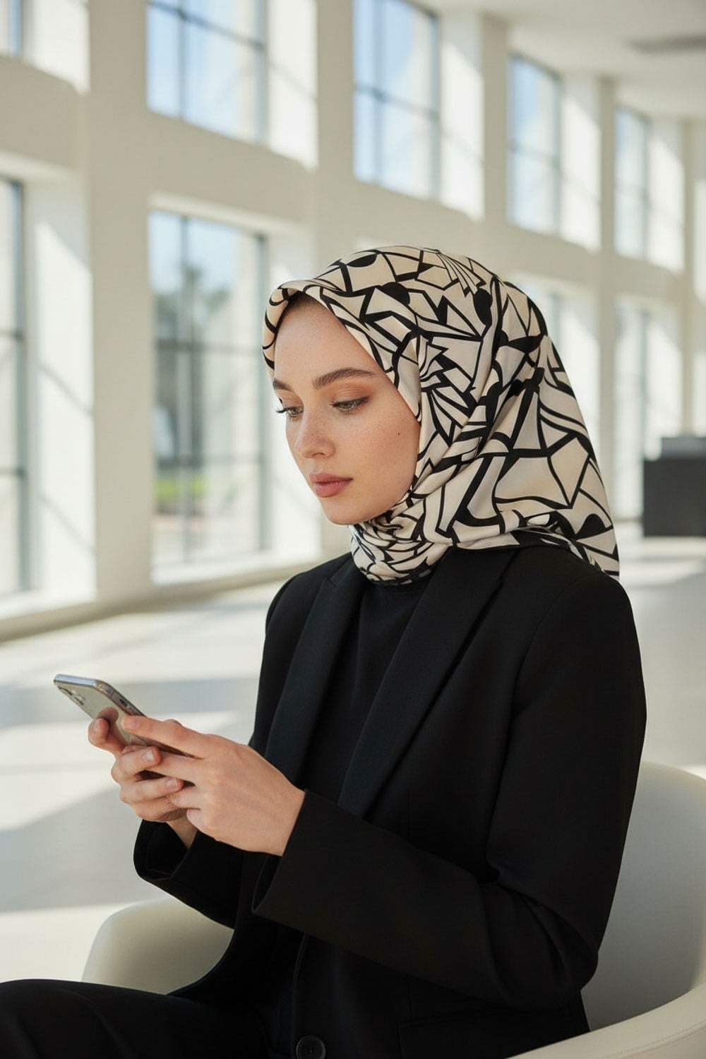 %100 Twill Renkli Petek Desenli Siyah - Beyaz Renkli 90x90 Eşarp Dikim Şekli: El Dikişii
