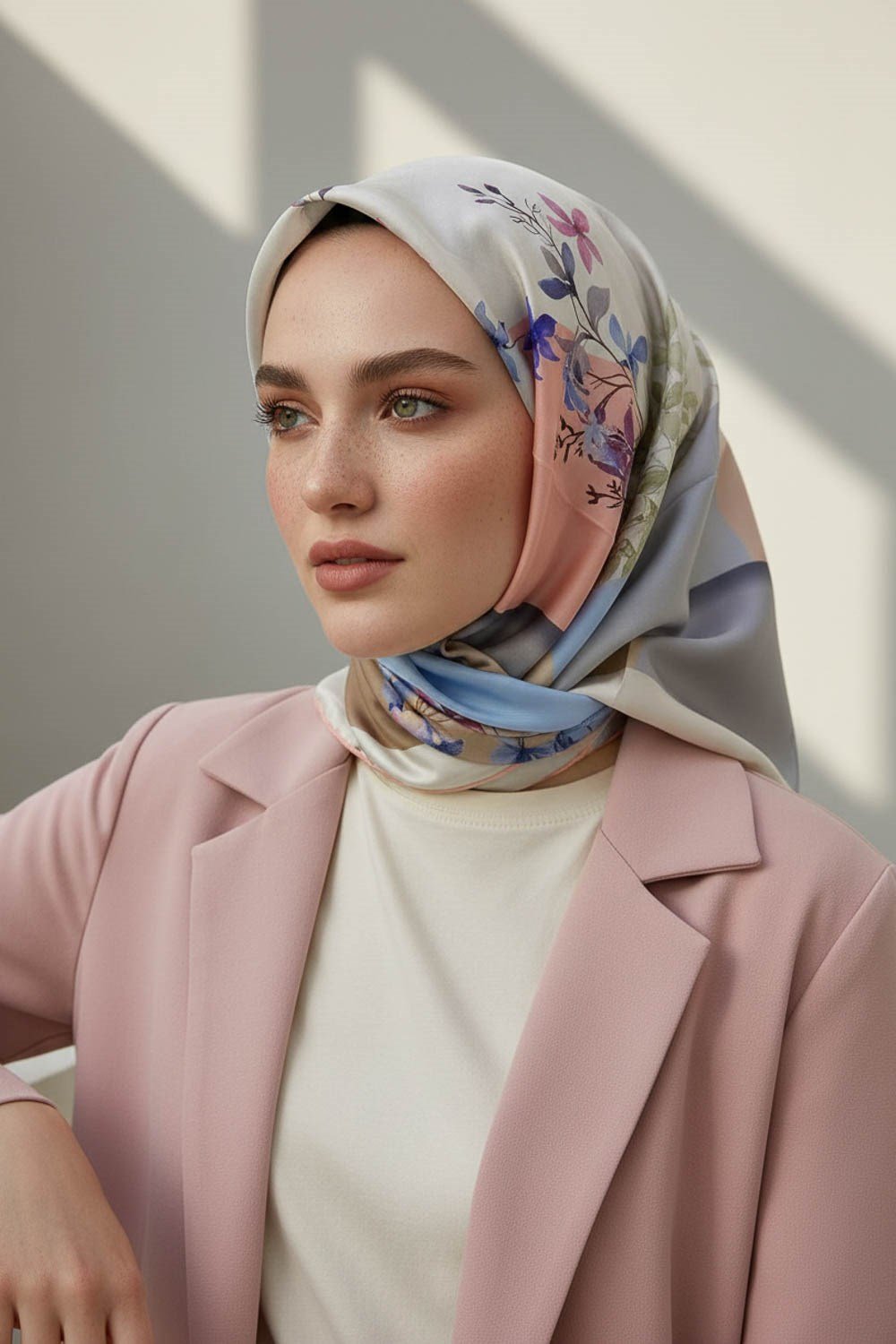%100 Twill İpek Kareli Ve Çıtır Çiçek Desenli Pudra - Bebe Mavisi Renkli 90x90 Eşarp Dikim Şekli : El Dikişi
