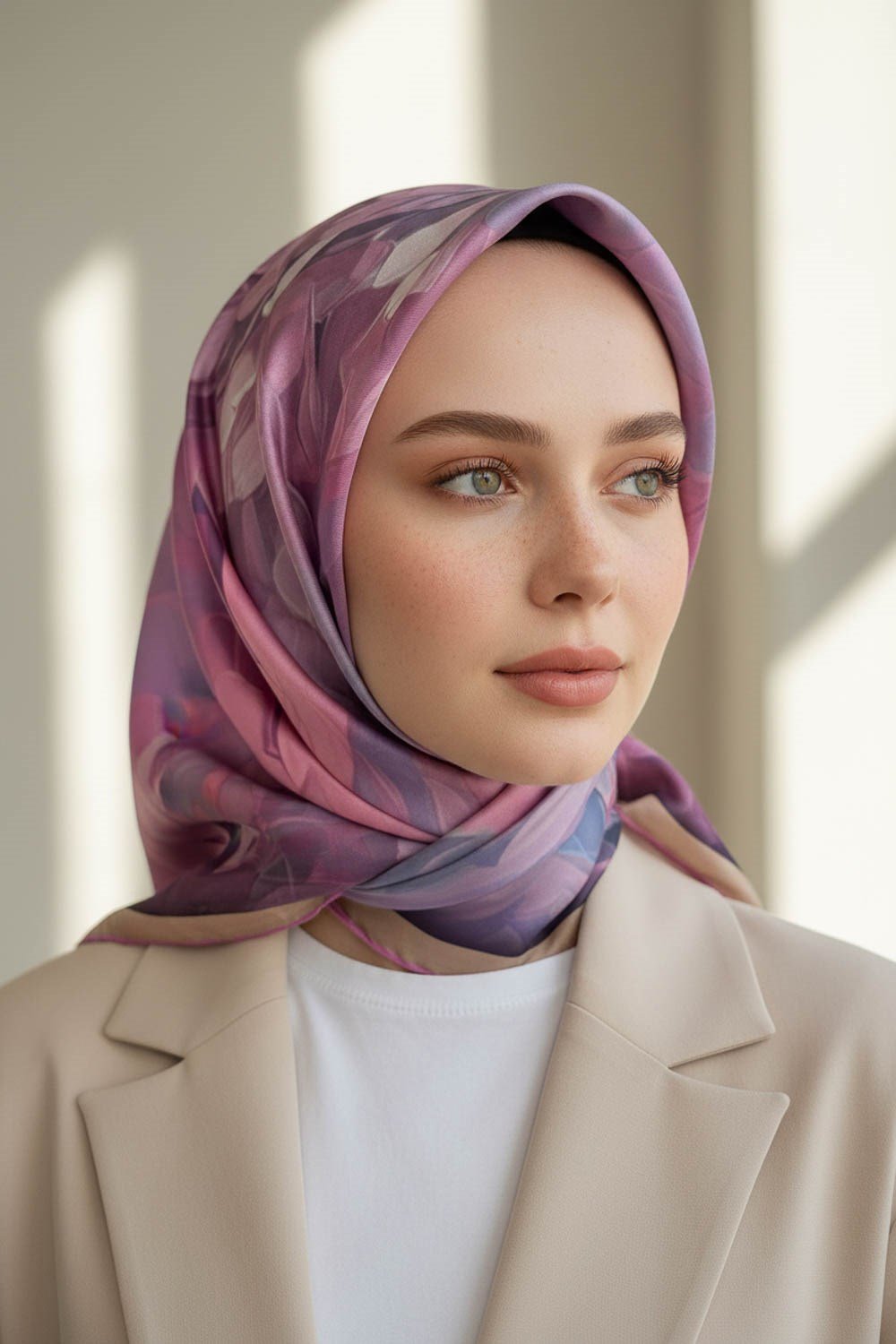%100 Twill İpek Dumanlı Çiçek Desenli Pembe Renkli 90x90 Eşarp Kenar Dikiş Şekli El Dikişli