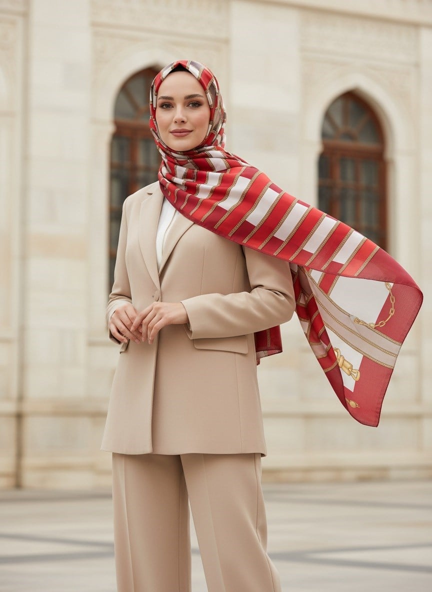 %100 Saf İpek Şal İnce Saten Vual Dokuma Kemer Desenli Kırmızı - Vizon Renkli 90x210 Şal