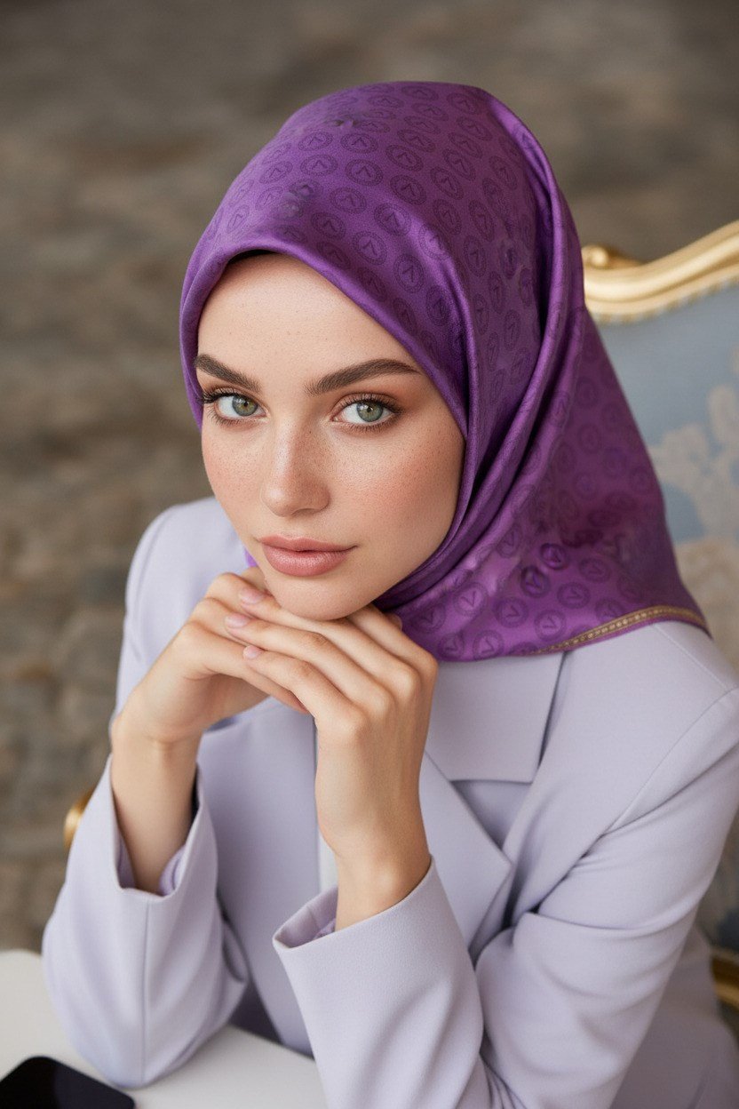%100 Twill İpek Monogram Desenli Mor Renkli 90x90 Eşarp Dikim Şekli : El Dikişi