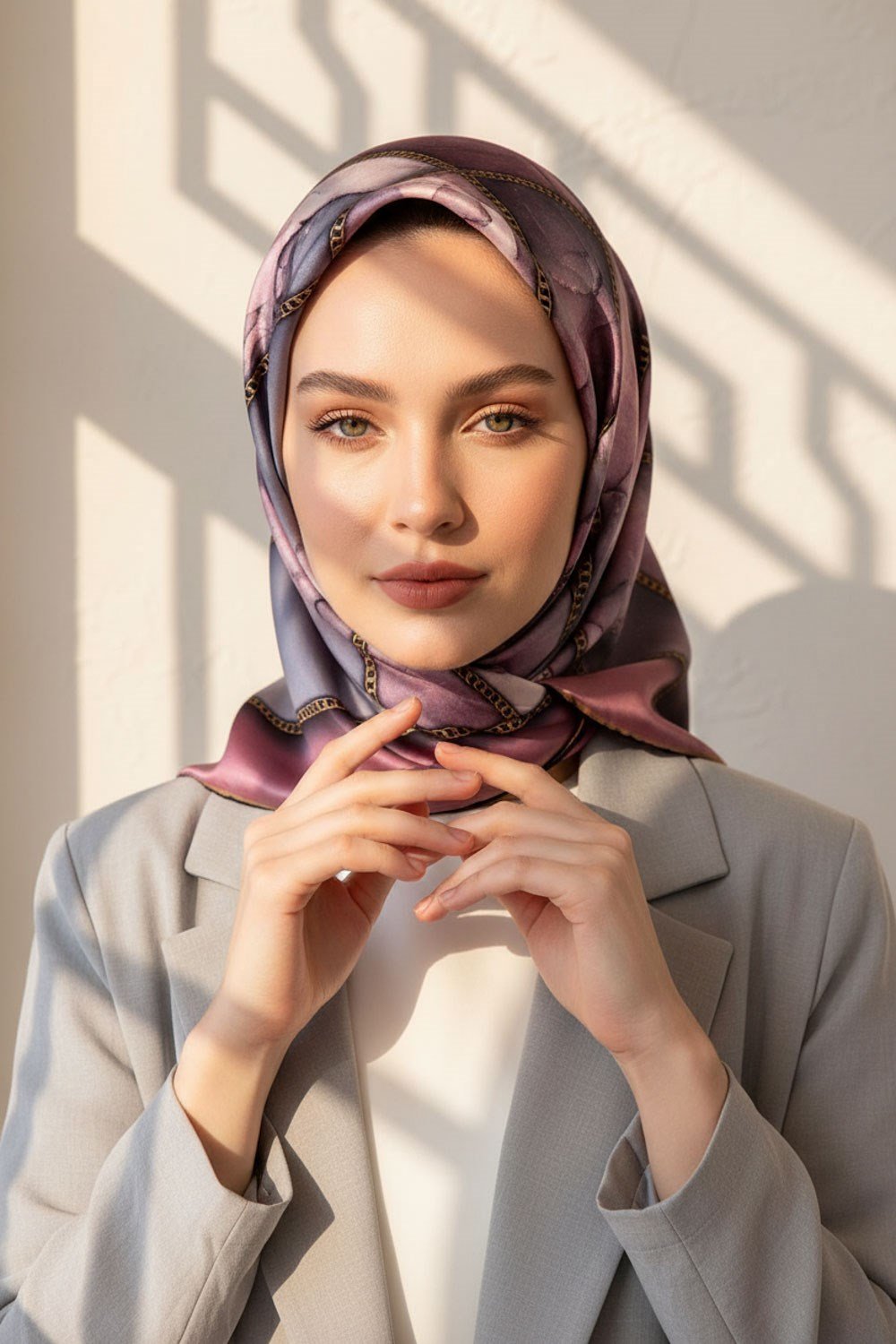 %100 Twill İpek Efektli Bant Desenli Lila - Gri Renkli 90x90 Eşarp Dikim Şekli : El Dikişi