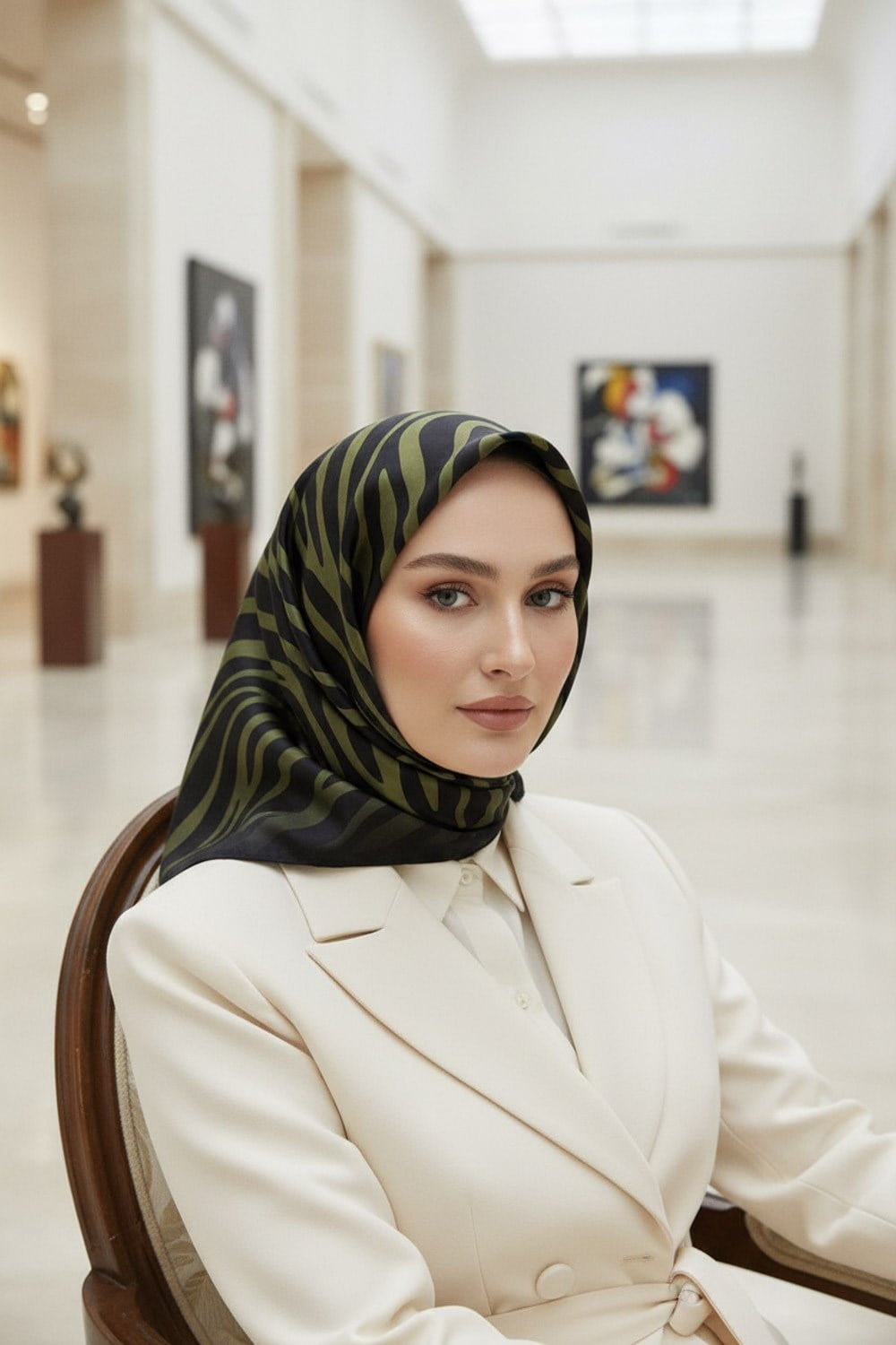 %100 Twill İpek Zebra Desenli Haki - Siyah Renkli 90x90 Eşarp Dikim Şekli : El Dikişi