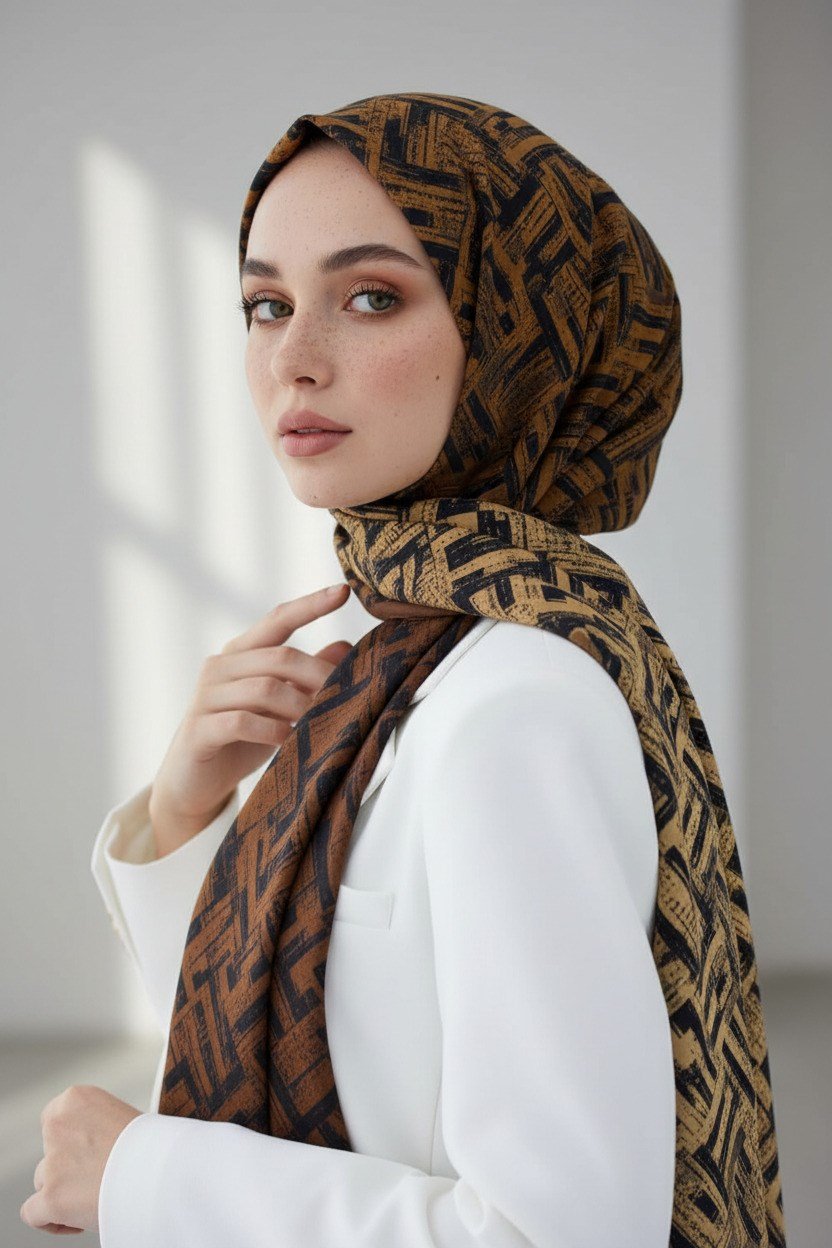 KREP DEGRADELİ ÇİZGİ DESENLİ TABA RENKLİ 75X195 KIRIŞMAZ ŞAL