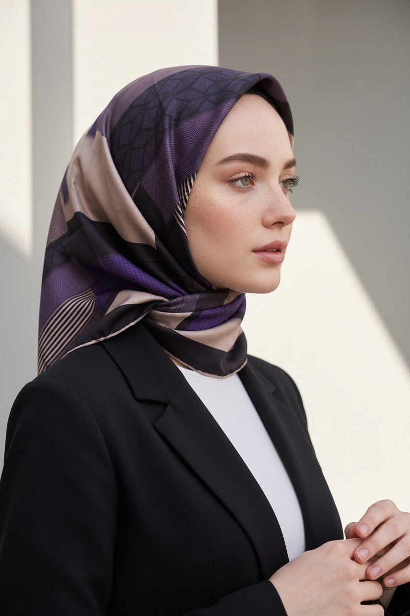 %100 Twill İpek Geometrik Desenli Mor - Siyah Renkli 90x90 Eşarp Dikim Şekli : El Dikişi