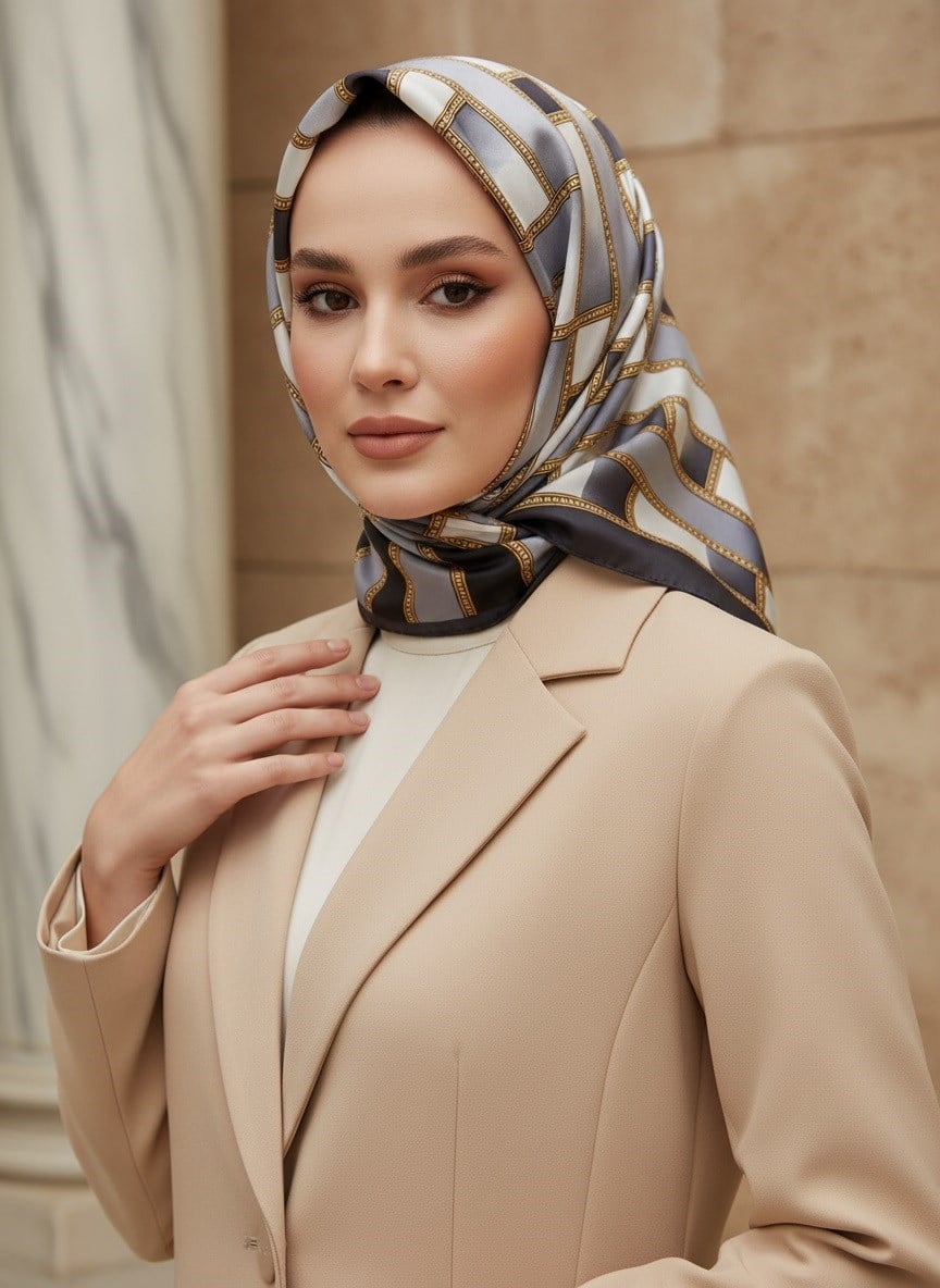 %100 Saf İpek Şal İnce Saten Vual Dokuma Kemer Desenli Siyah - Füme Renkli 90x210 Şal