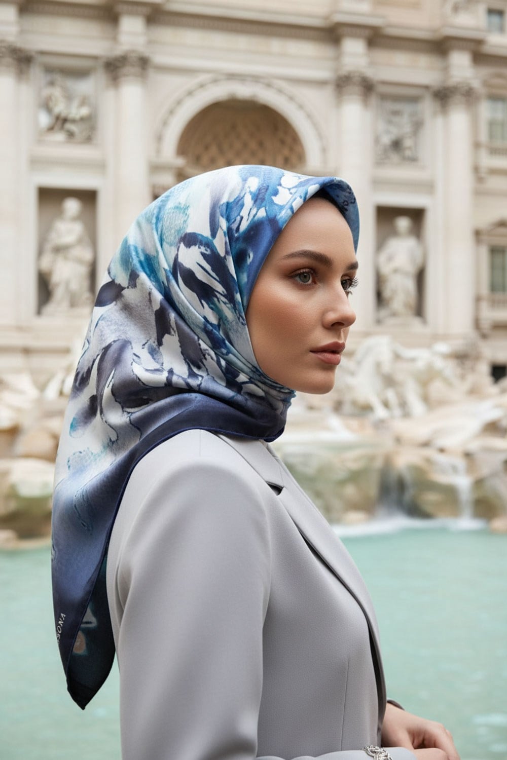 %100 Twill İpek Suluboya Çiçek Desenli Lacivert - İndigo Renkli 90x90 Eşarp Dikim Şekli : El Dikişi
