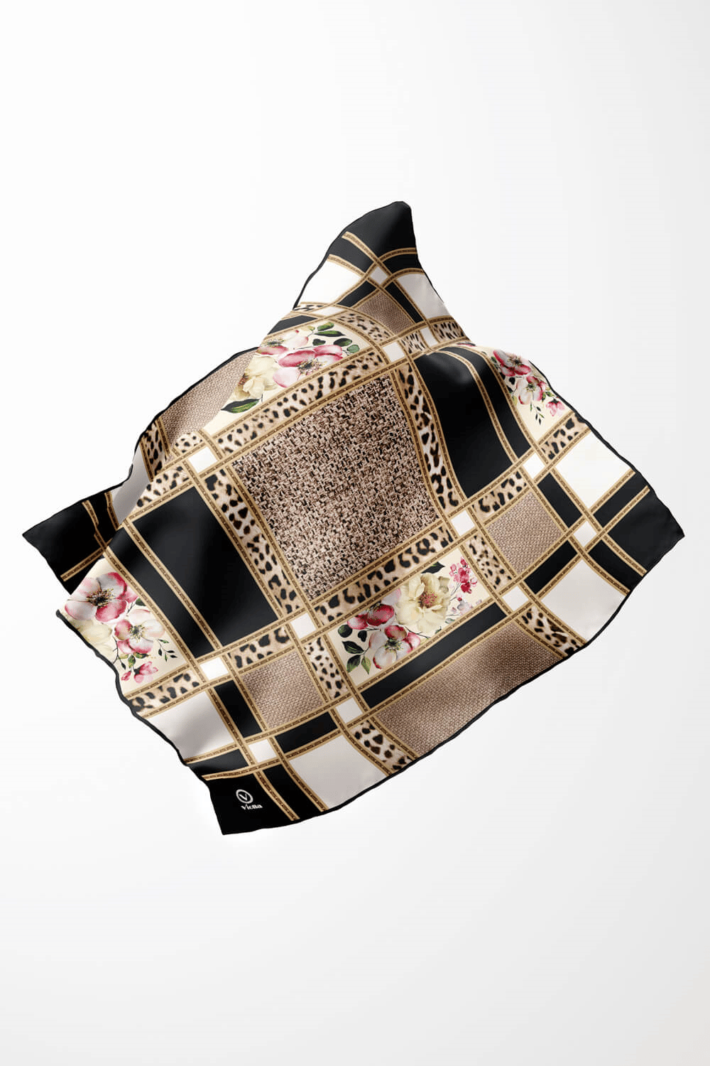 Twill Leopar ve Çiçek Desenli Siyah - Krem Renkli 90x90 Eşarp (İpek İçermez) Dikim Şekli : El Dikişi