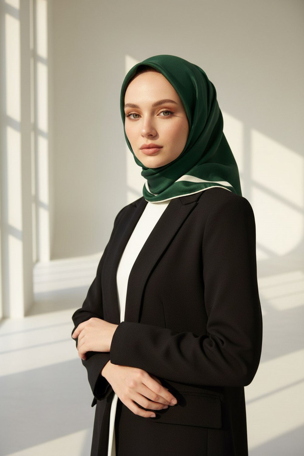 100% Twill İpek Düz Renk Bordür Zümrüt Yeşili - Krem Renkli Daha Tok Exclusive Serisi 90x90 Dikim Şekli : El Dikişi Eşarp