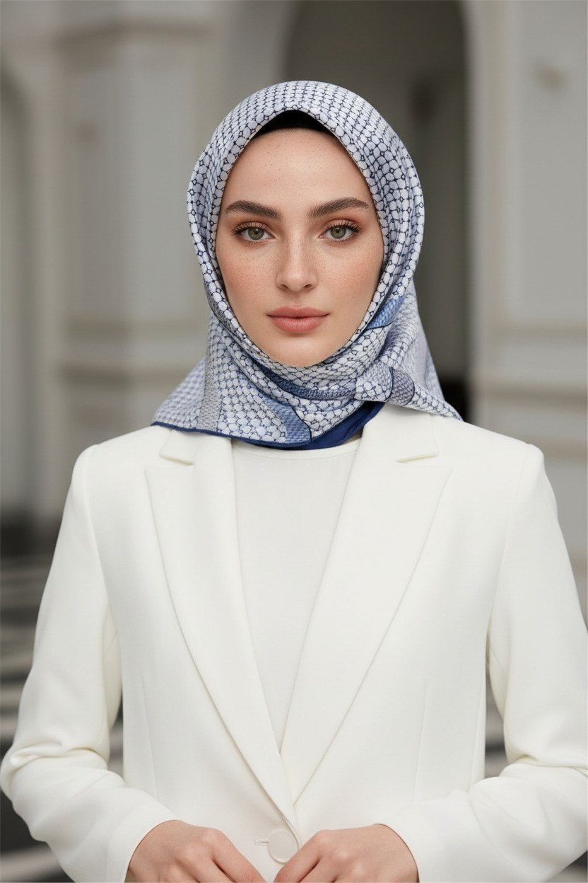 %100 Twill İpek Bantlı Monogram Desenli İndigo - Gri Renkli 90x90 Eşarp Dikim Şekli : El Dikişi