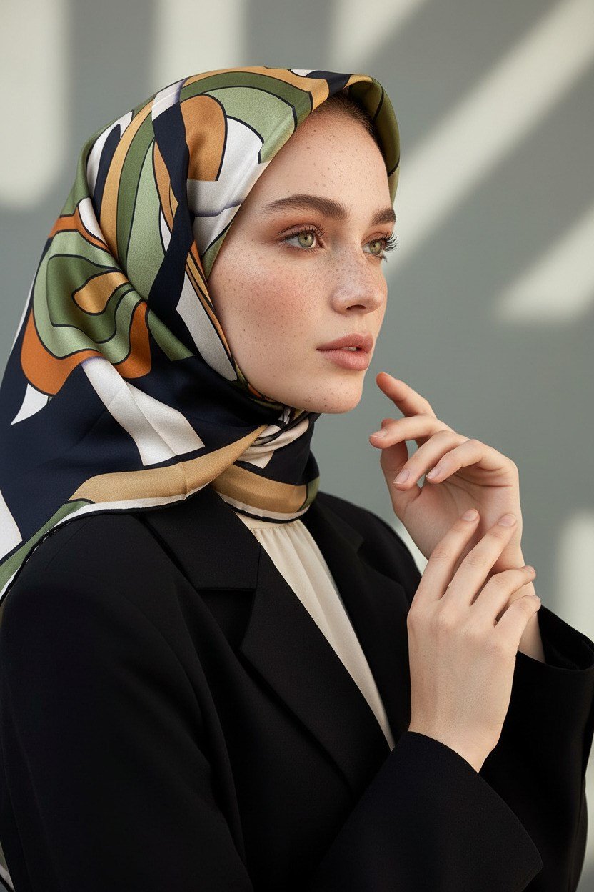% 57 İPEK % 43 VİSKON Twill İpek Geometrik Desenli Taba - Haki Renkli 90x90 Dikim Şekli : El Dikişi Eşarp