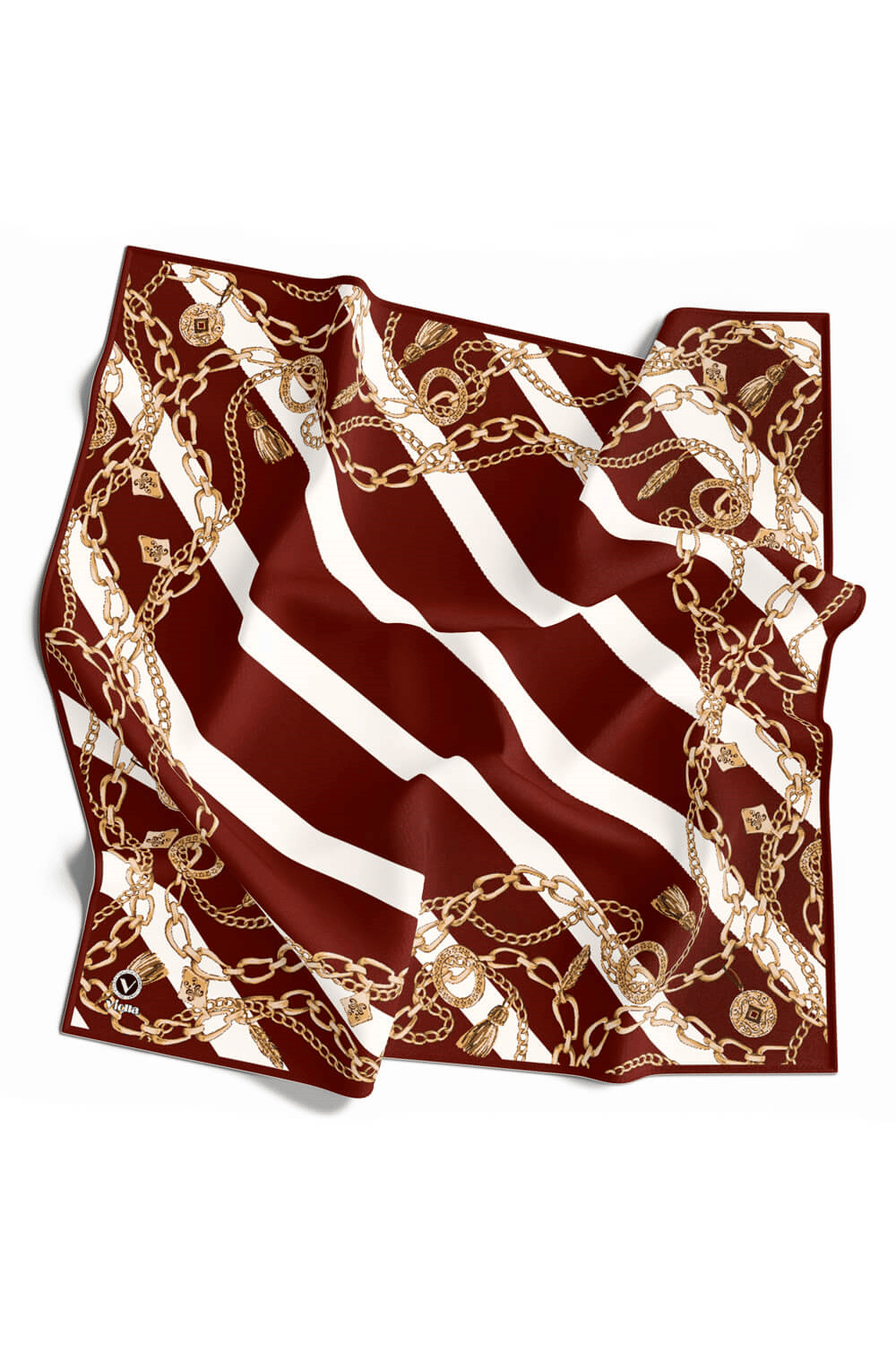 Twill Çizgili Zincir Desenli Bordo Renkli 90x90 Eşarp (İpek İçermez) Kenar Dikiş Şekli El Dikişli