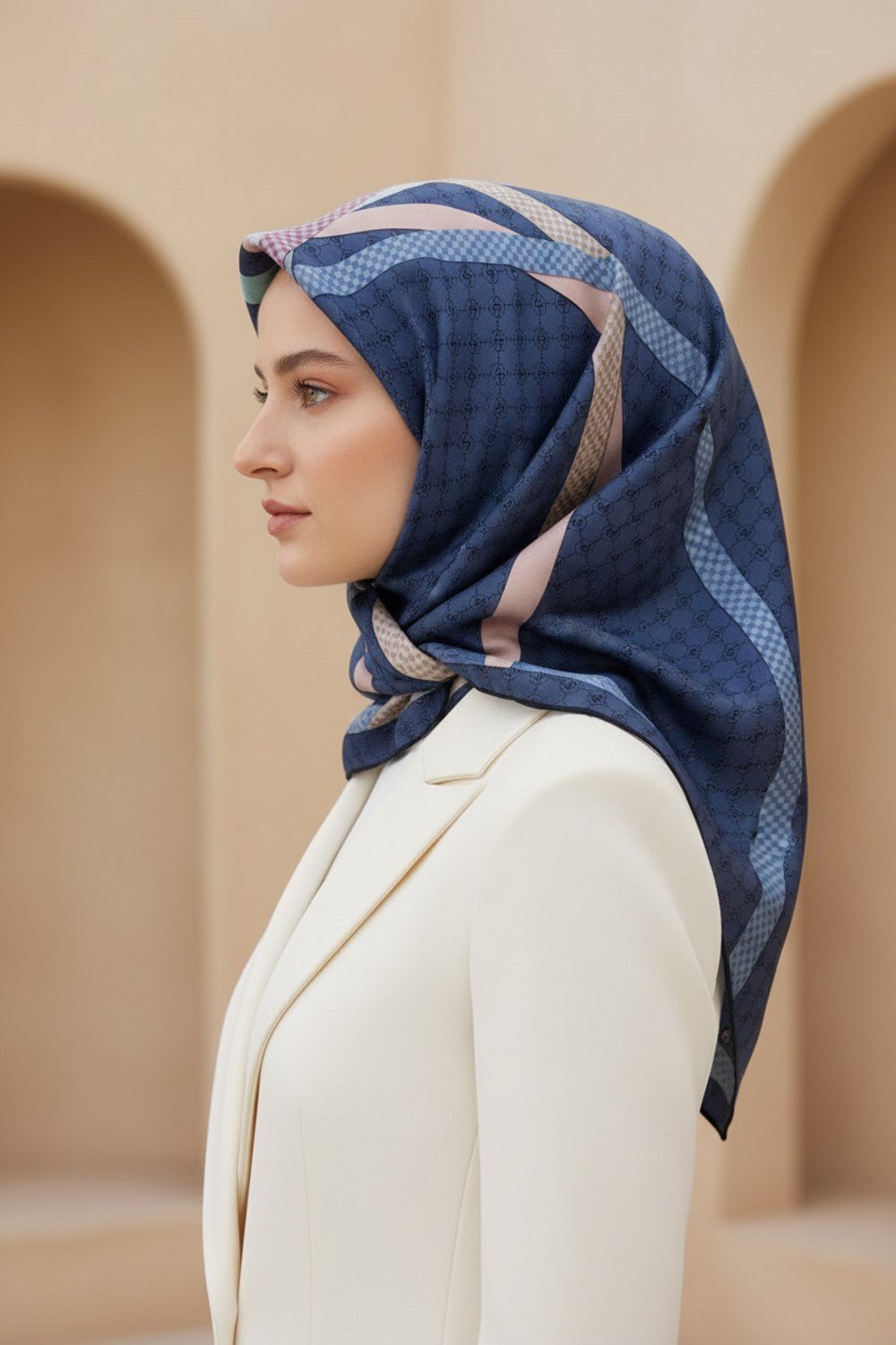 %57 İPEK %43 VİSKON Twill İpek Monogram Ve Şerit Desenli İndigo - Pudra Renkli 90x90 Eşarp Dikim Şekli : El Dikişi