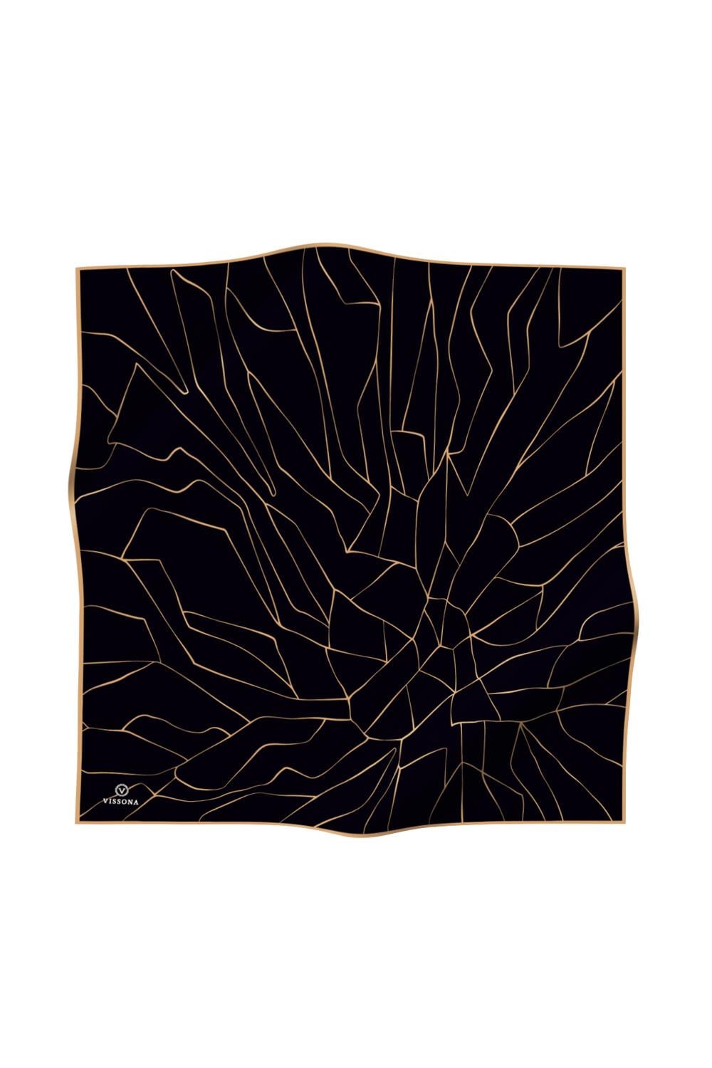 %100 Twill İpek Çizgi Desenli Siyah - Gold Renkli 90x90 Eşarp Dikim Şekli : El Dikişi