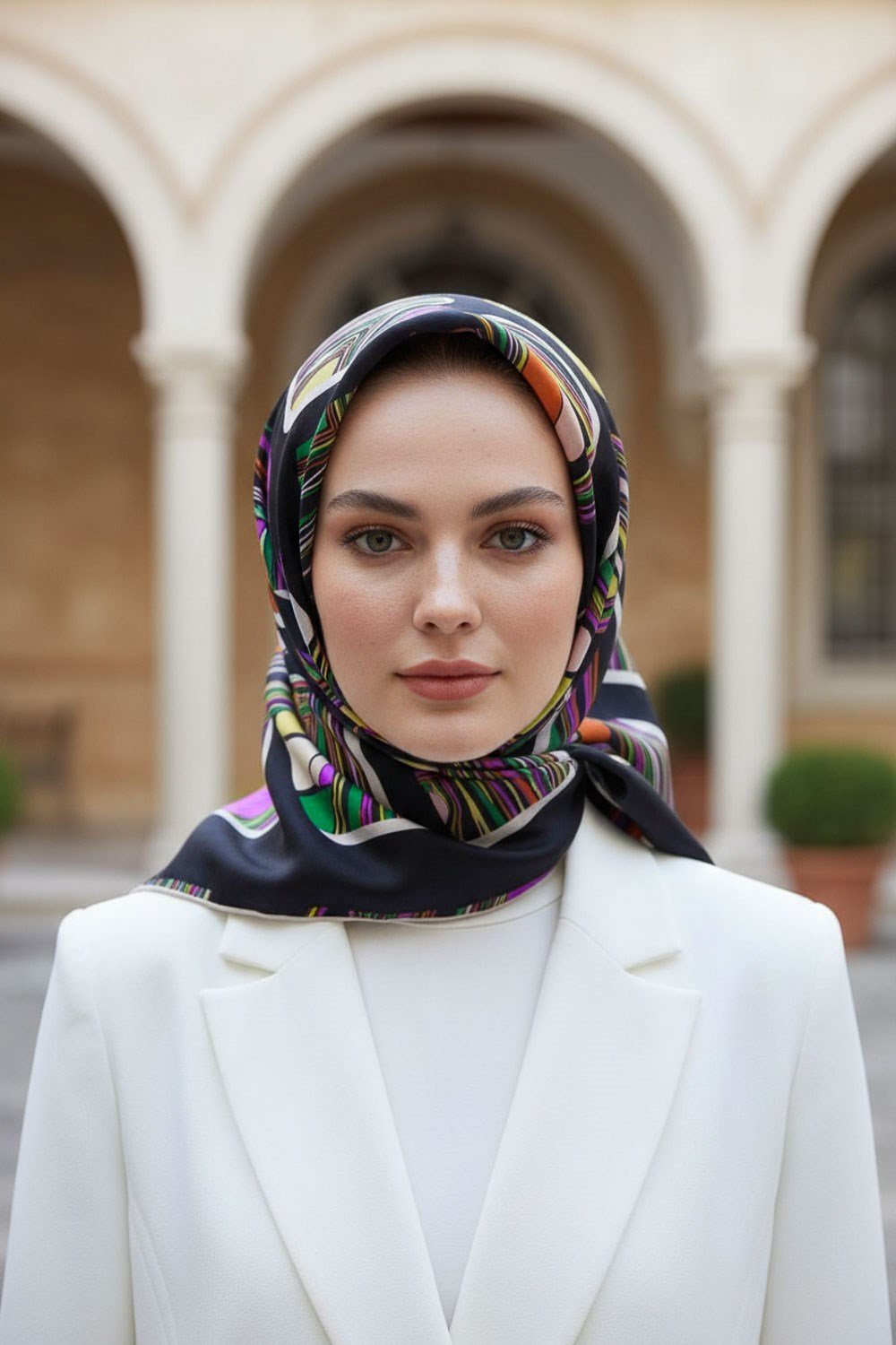 %100 Twill İpek Geometrik Kare Desenli Siyah - Zümrüt Yeşili Renkli 90x90 Eşarp Dikim Şekli : El Dikişi